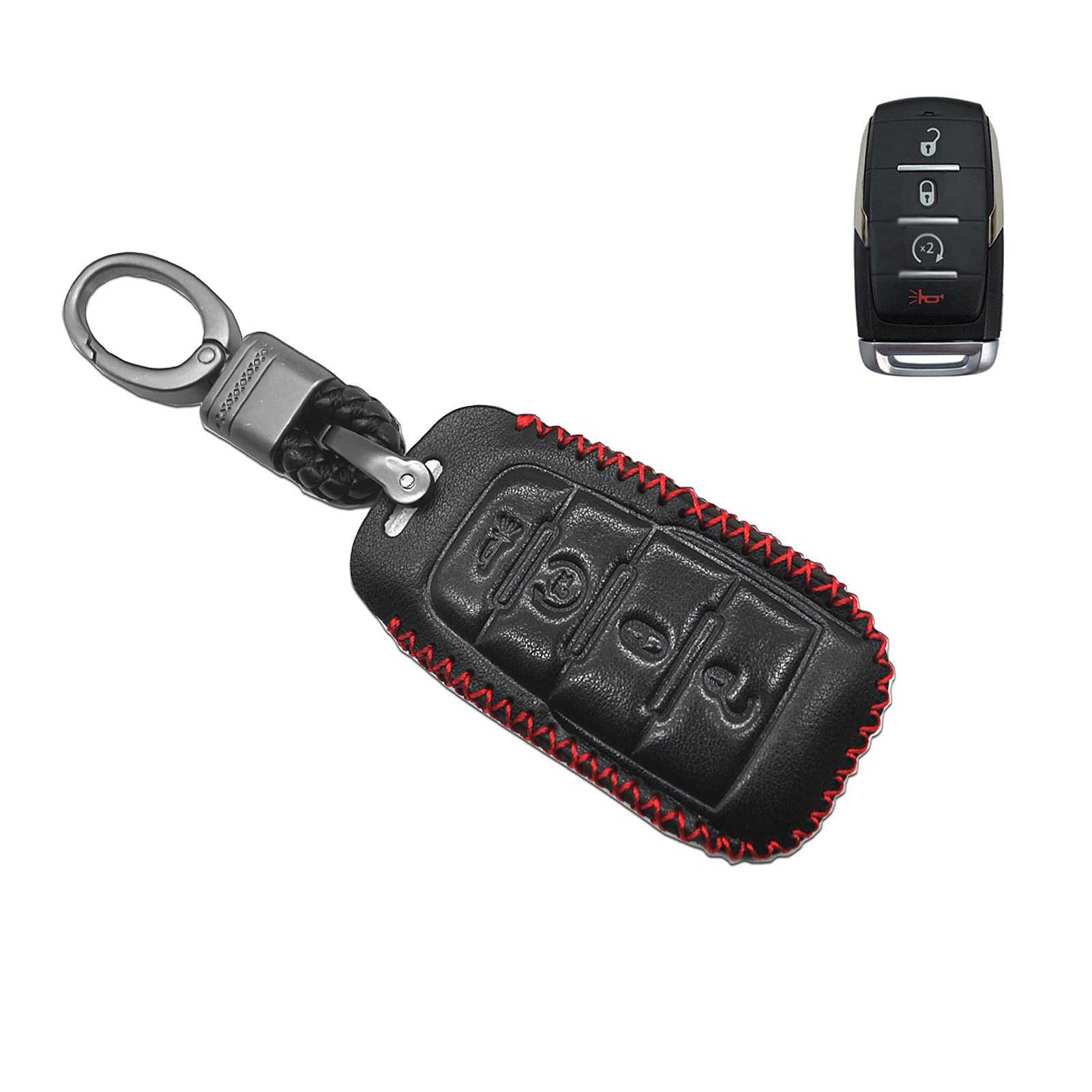 MECHCOS Leather Key Fob Cover for 2019 RAM 1500 Truck - 4 Button Remote Protector with Key Ring | Push Start Compatible | Durable Protection for Keyless Entry System | Perfect for Off-Roading & Daily Commute