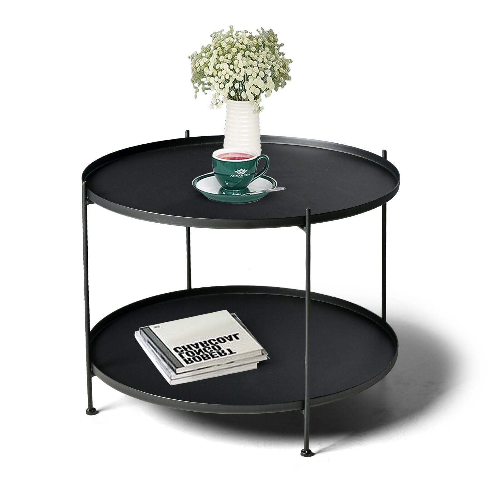 Modern Metal End Table - 27.6 Inch Round Side Table for Living Room, Bedroom & Patio - Industrial Style 2-Tier Storage Shelf Nightstand - Indoor/Outdoor Coffee Table (Black) - Perfect for Small Spaces, Apartment Decor & Outdoor Seating Areas