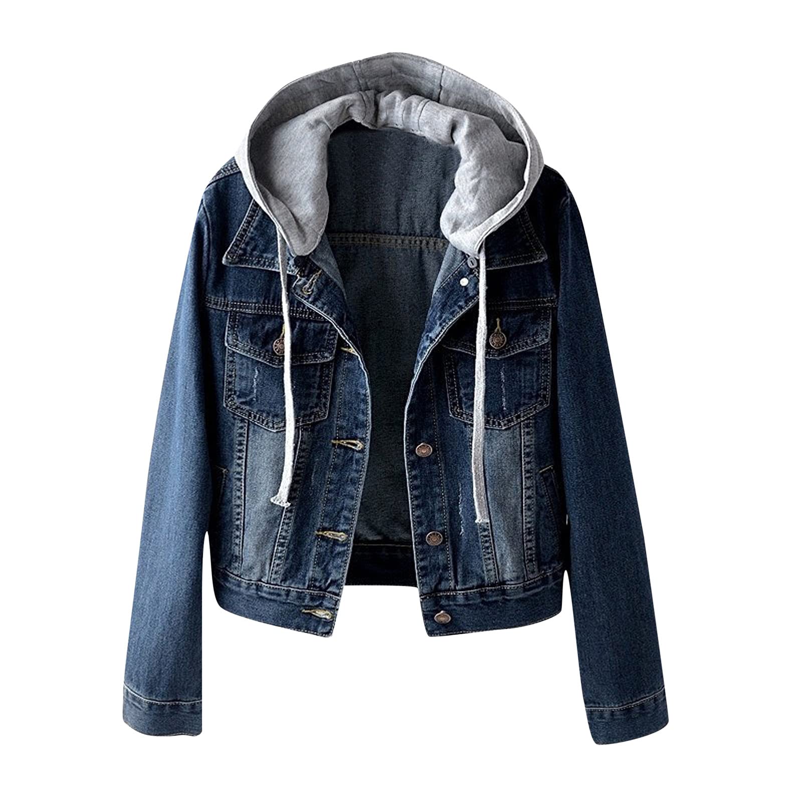 Women's Denim Jacket with Velvet Lining - Warm Winter Coat with Buttons, Long Sleeves & Hood - Casual Blue/Black Jeans Style Jacket for Everyday Wear, Outdoors & Street Fashion