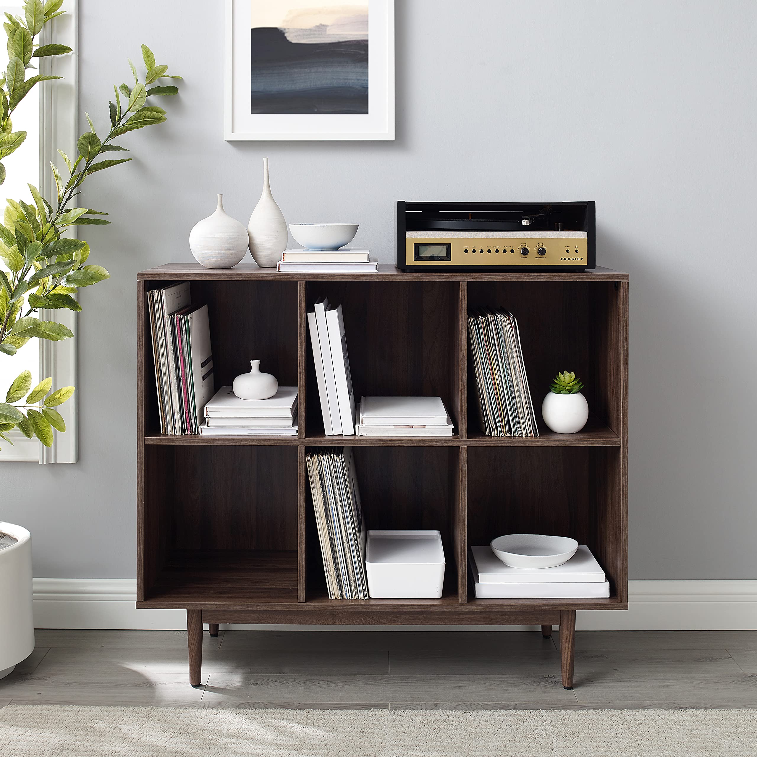Crosley Liam 6-Cube Storage Bookcase - Vinyl Record Holder & Bookshelf in Walnut - Perfect for Living Room, Bedroom, or Home Office Organization