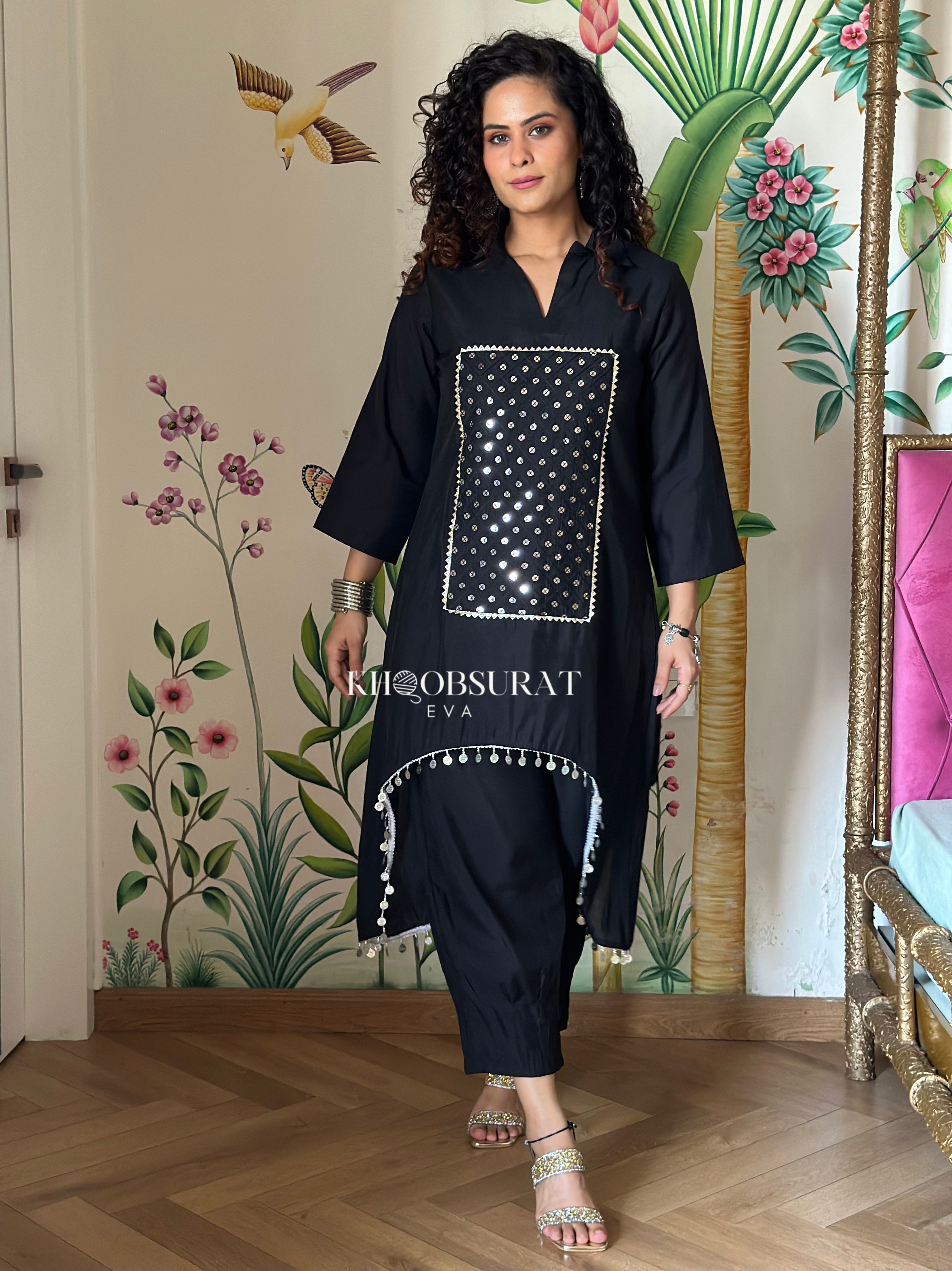 Glowy Fox Black Sequin Kurta Set for Women - Stylish Indian Ethnic Wear for Parties, Weddings & Festive Occasions