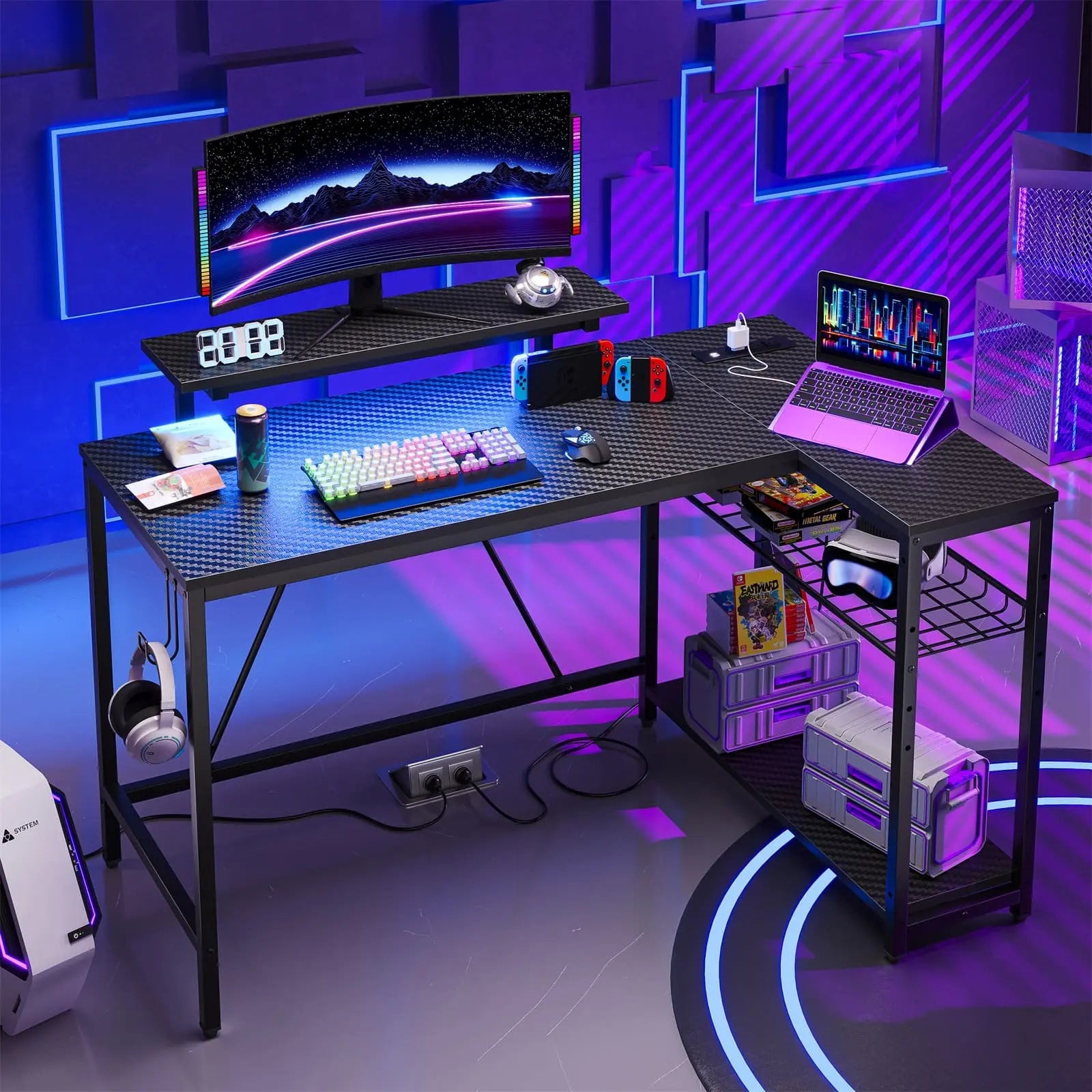 Bestier 48 Inch L-Shaped LED Gaming Desk with Monitor Stand - Ergonomic Computer Workstation for PC Gamers & Home Office Setup