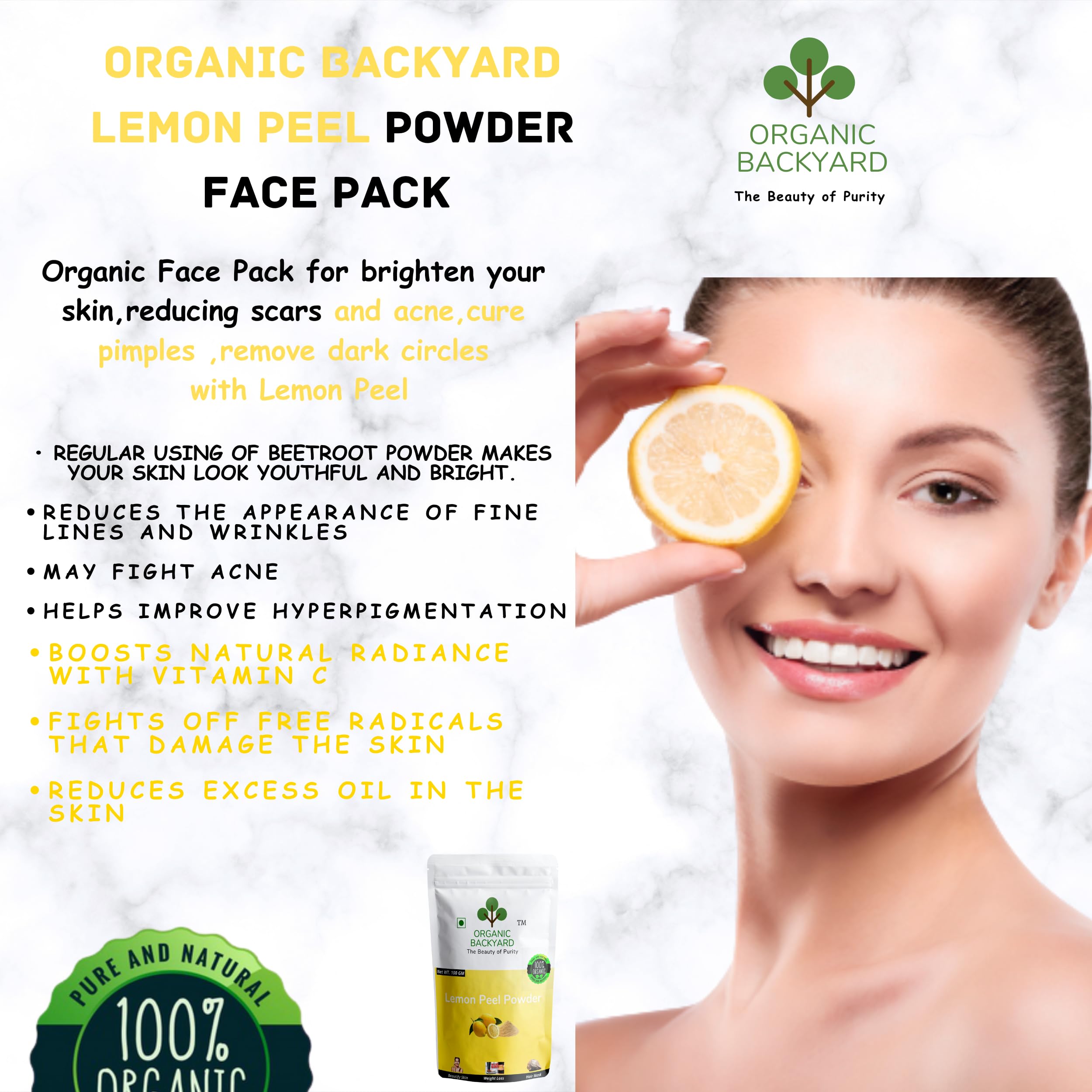 Organic Backyard 100% Natural Orange Peel & Lemon Peel Powder with Multani Mitti - 100g Each for Glowing Skin, Acne Treatment & Face Care - Perfect for DIY Face Masks, Scrubs & Natural Skincare Routines