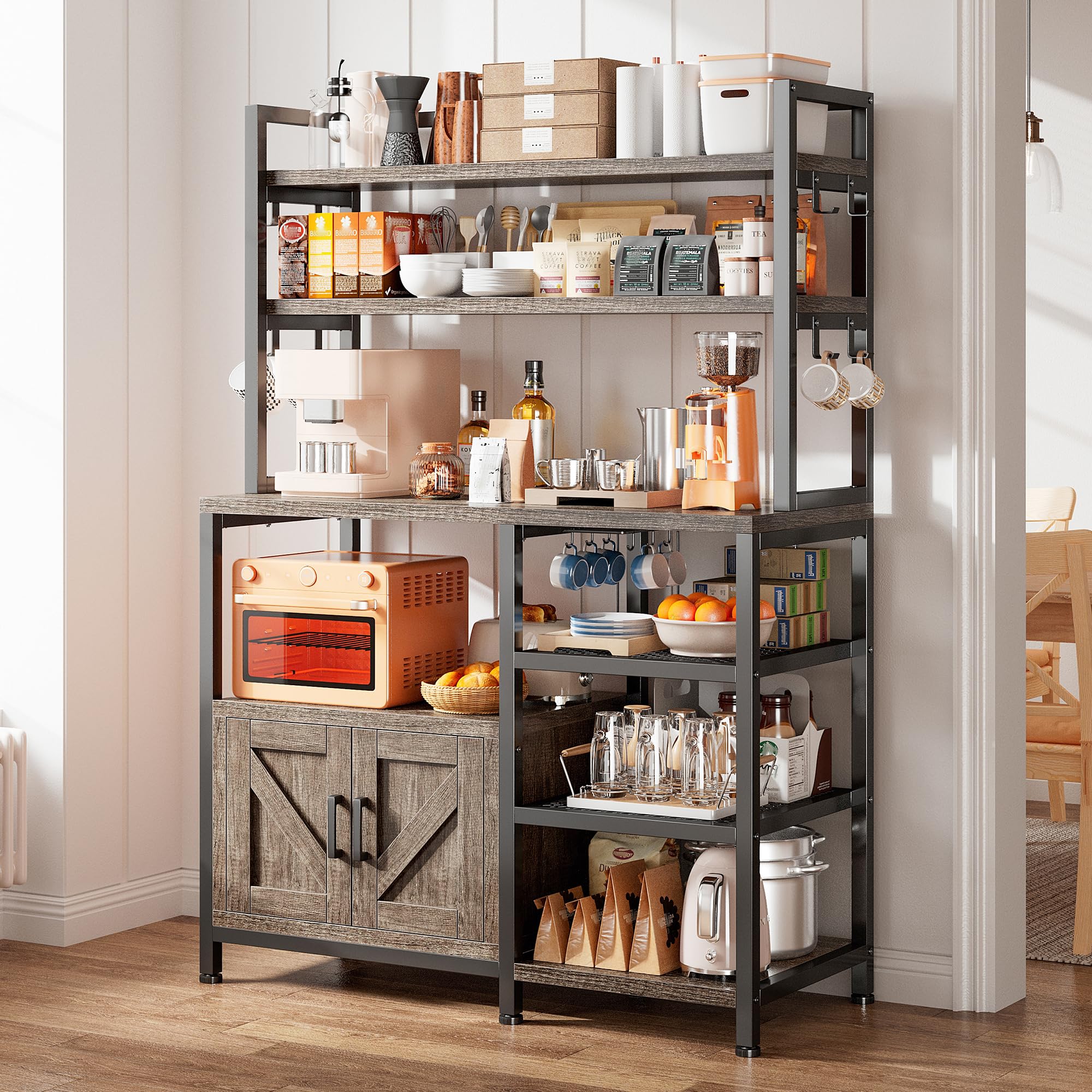 EnHomee 6-Tier Bakers Rack for Kitchen - Coffee Bar with Storage Cabinet, Microwave Stand with Large Capacity & Side Hooks - Perfect for Kitchen Organization, Coffee Station Setup & Small Appliance Storage