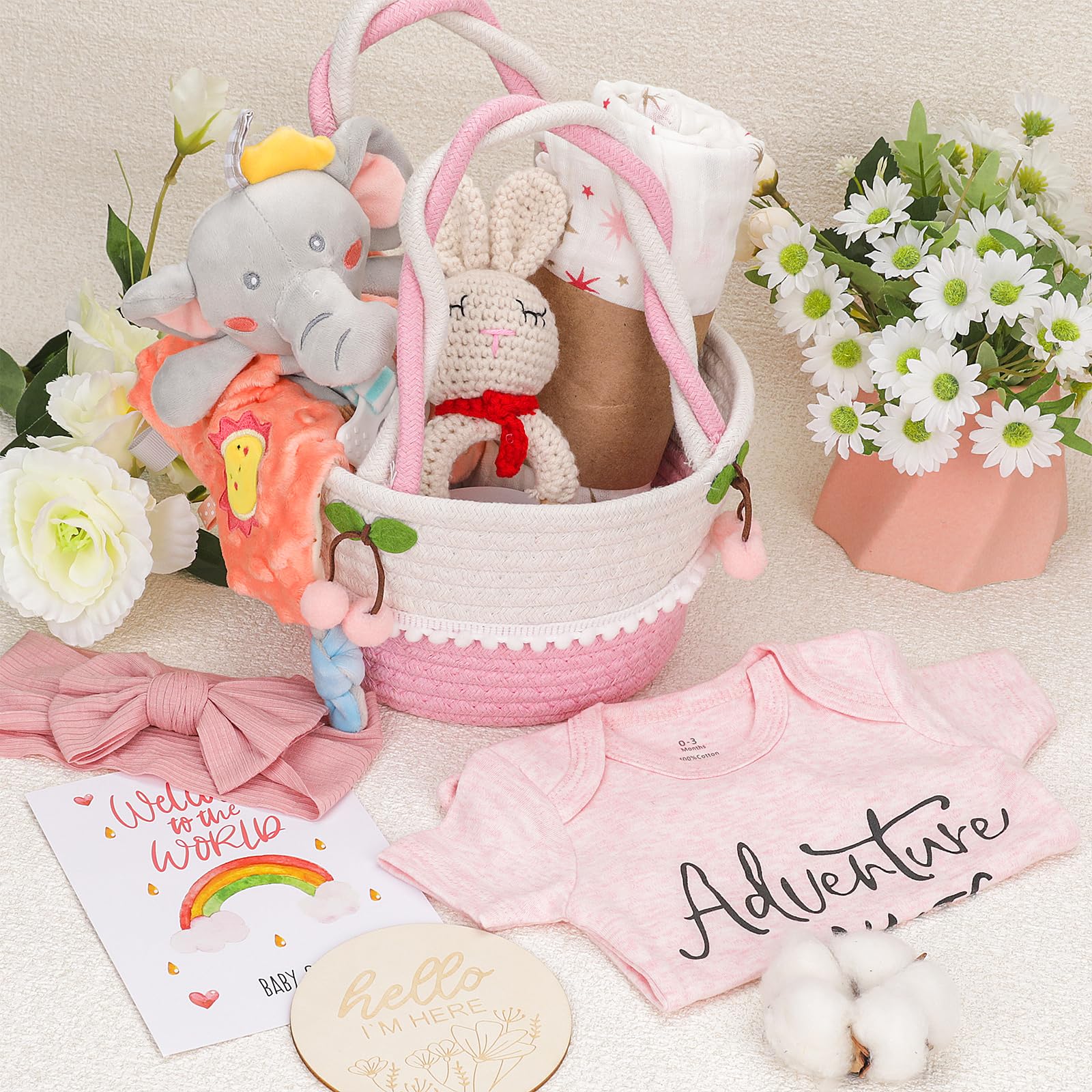 **Premium Baby Girl Gift Basket Set - Newborn Baby Shower Gifts for Girls, Gender Reveal Essentials with Rattle & Swaddle Blanket - Perfect for Birthdays, Christenings & Welcome Home Celebrations**