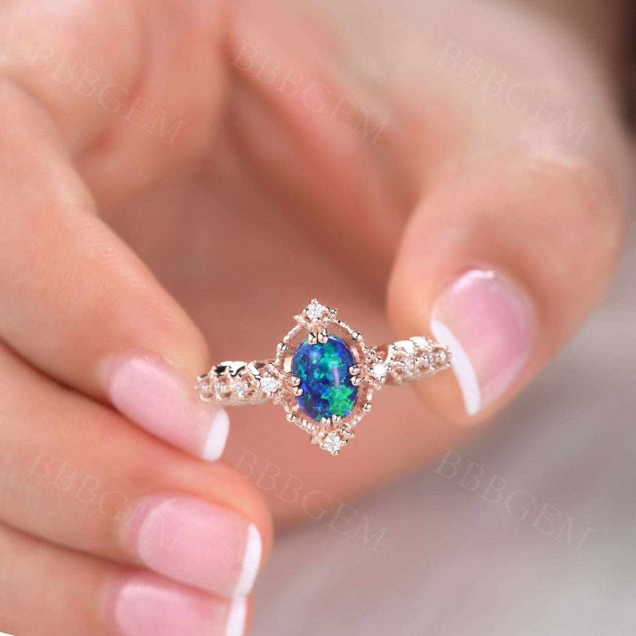 14K/18K Vintage Black Opal Engagement Ring with Diamond Band - Elegant Promise Jewelry for Wedding, Proposal & Anniversary Gifts