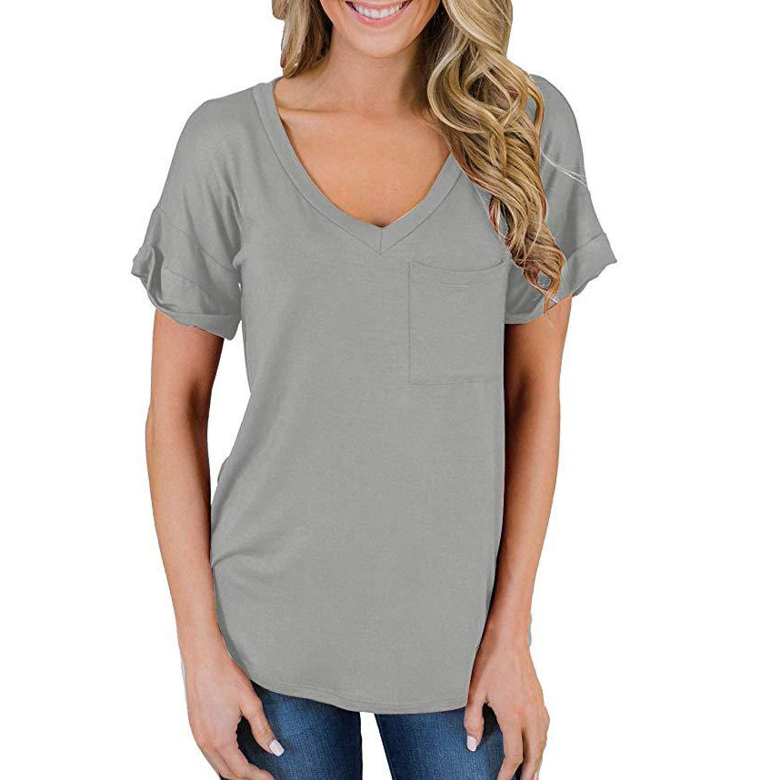 FMCHICO Women's Short Sleeve V-Neck T-Shirt - Loose Fit Casual Pocket Tee for Everyday Wear, Work & Weekend Outings