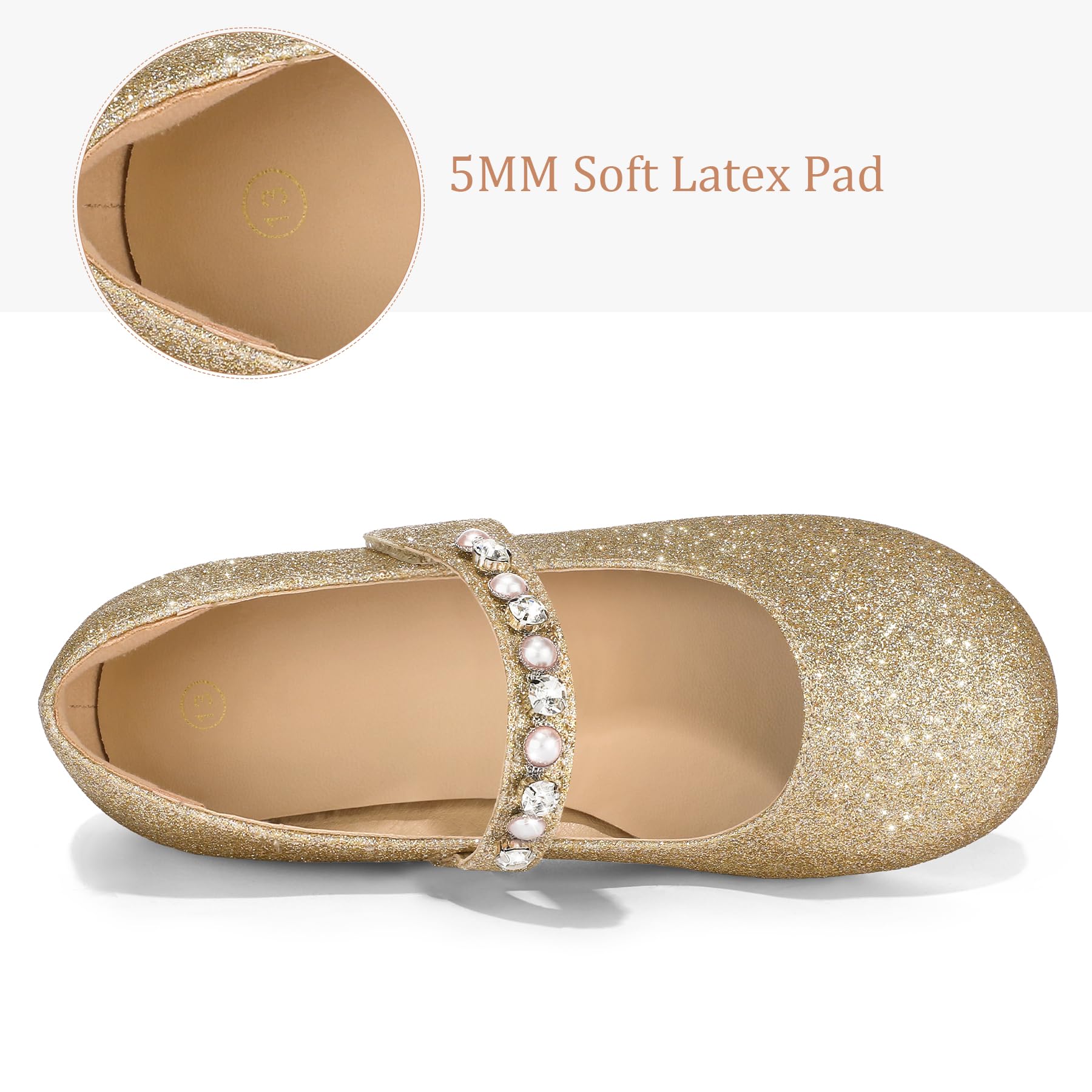 K KomForme Girls Ballet Flats with Pearl Rhinestones - Mary Jane Slip-On Shoes for Toddler/Little Kid/Big Kid - Perfect for Party, School, Wedding & Dress-Up Occasions