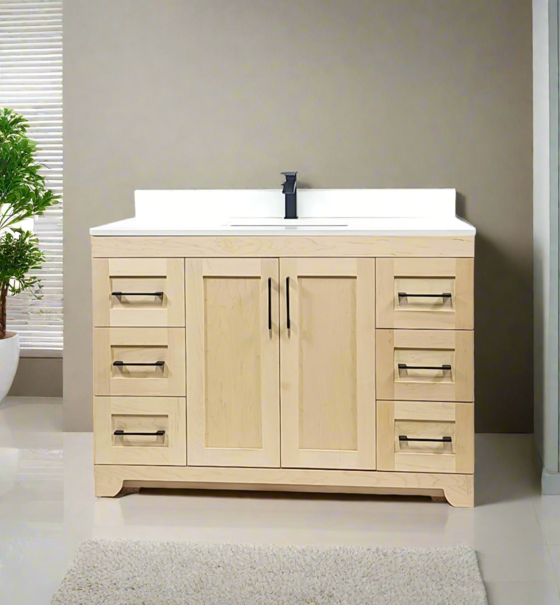 Natural Stain Bathroom Vanity with White Quartz Countertop - Canadian Maple 48