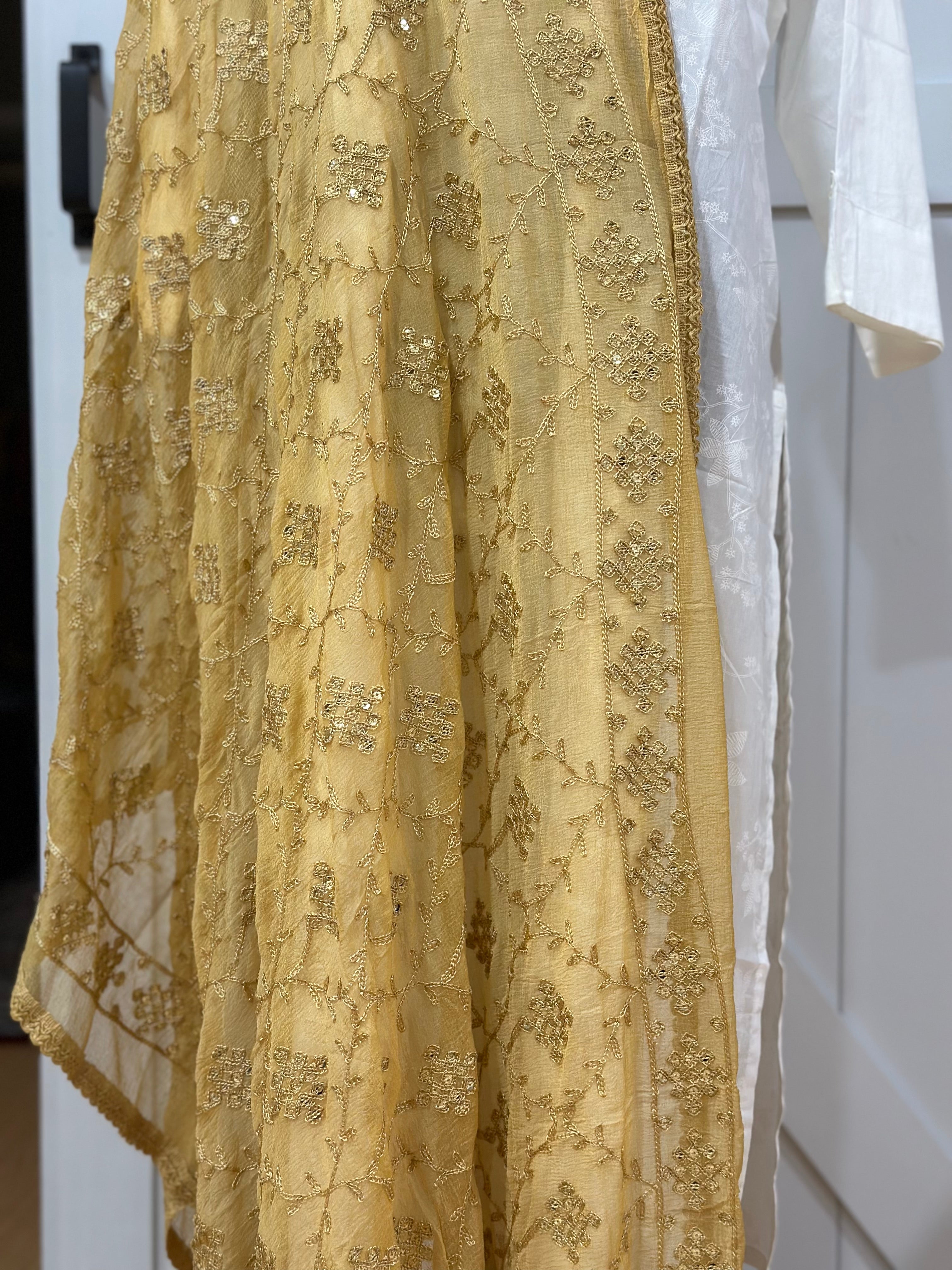 Elegant Embroidered Dusty Gold Dupatta - Perfect for Weddings, Parties & Festive Occasions