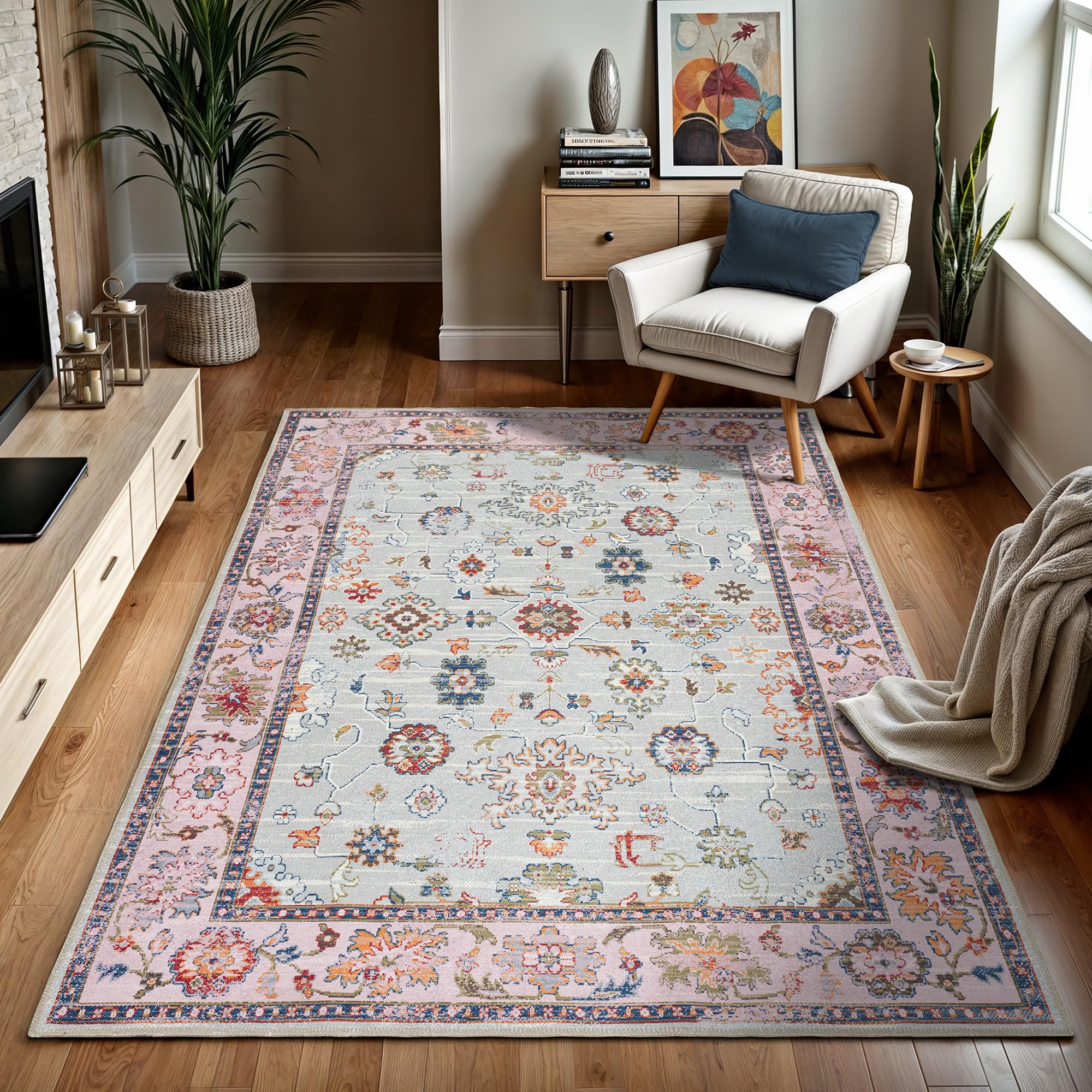 GLN Traditional Collection Area Rug - Machine Washable Low Pile Chenille, Non-Slip Living Room Rug 6'6