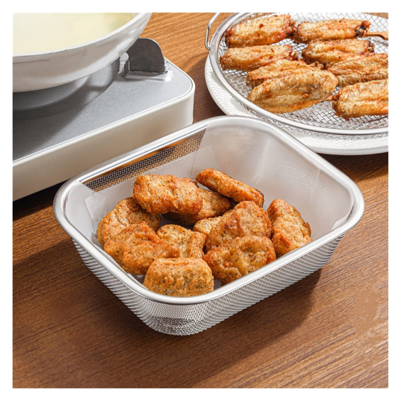 Stainless Steel French Fry Basket - Square Colander for Chips, Pasta & Flour Sieve - Durable Kitchen Strainer & Cooking Utensil (Large Size) - Perfect for Frying, Draining & Baking
