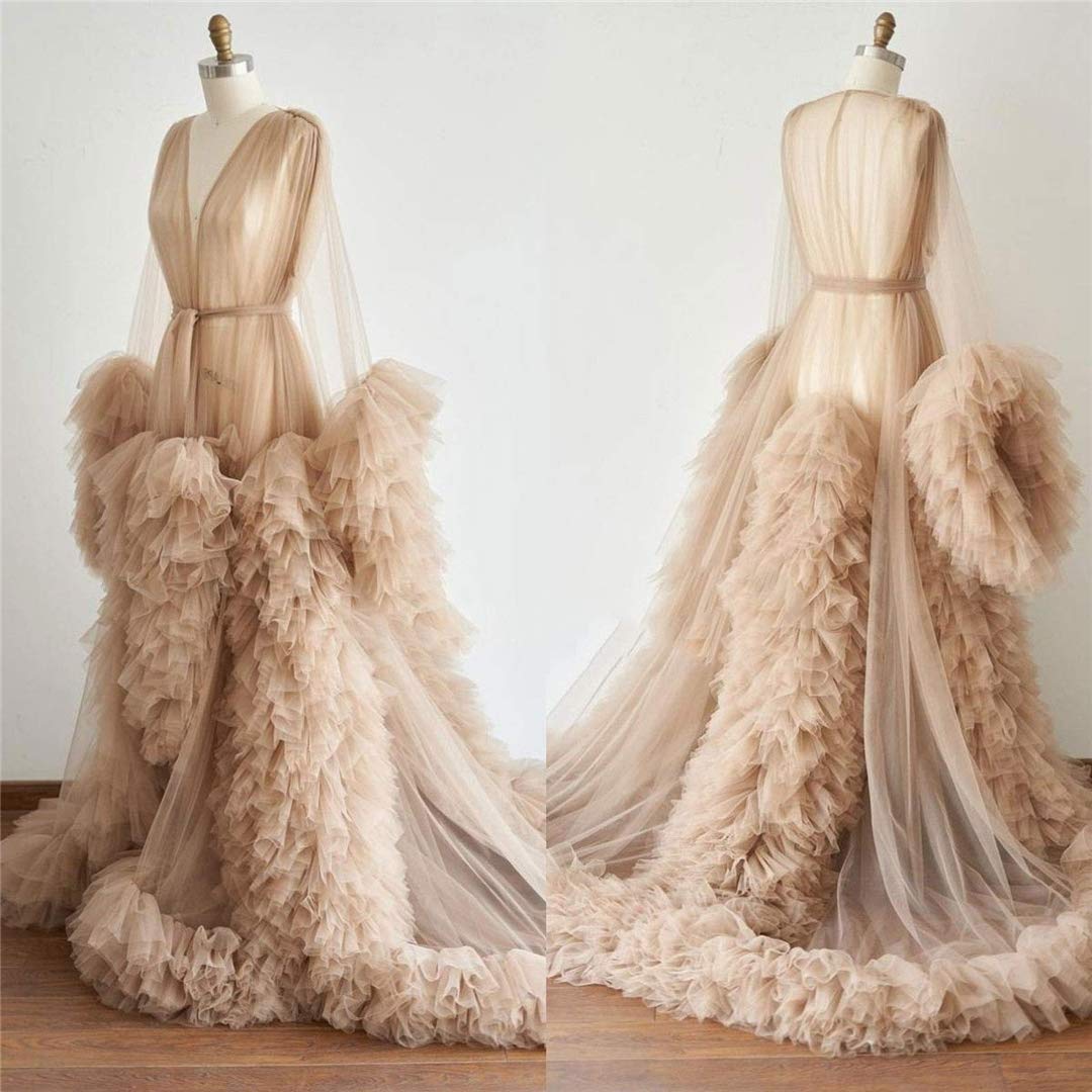 Elegant Tulle Robe - Long Lace Bridal Nightgown, Sheer Lingerie Dressing Gown for Wedding, Boudoir Photoshoot & Romantic Nights
