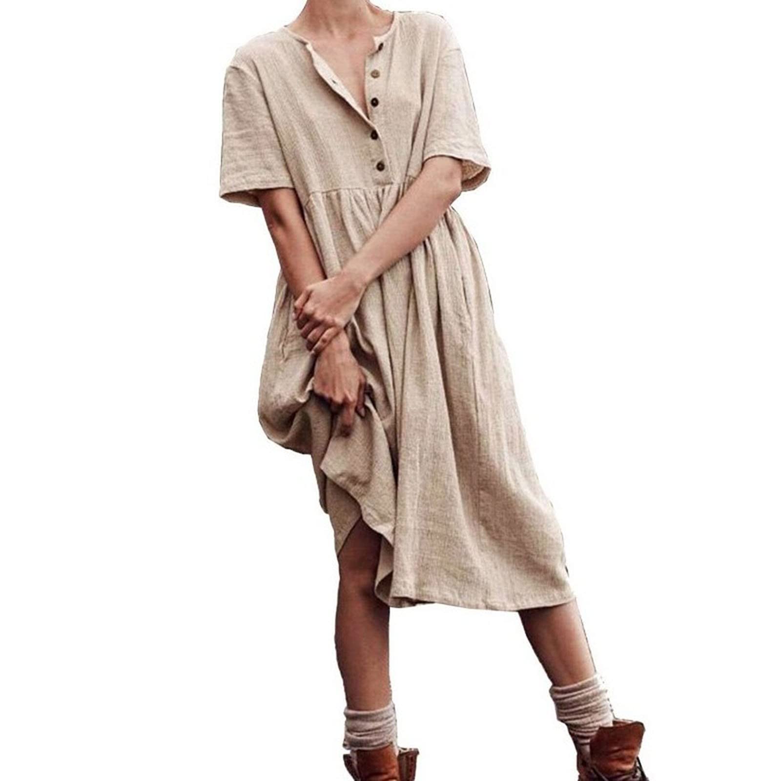 Women's Linen Dress - Comfortable Button-Down Cotton Linen Summer Dress - Casual Loose Fit Solid Color Short Sleeve Midi to Maxi Length - Perfect for Beach, Vacation & Everyday Wear