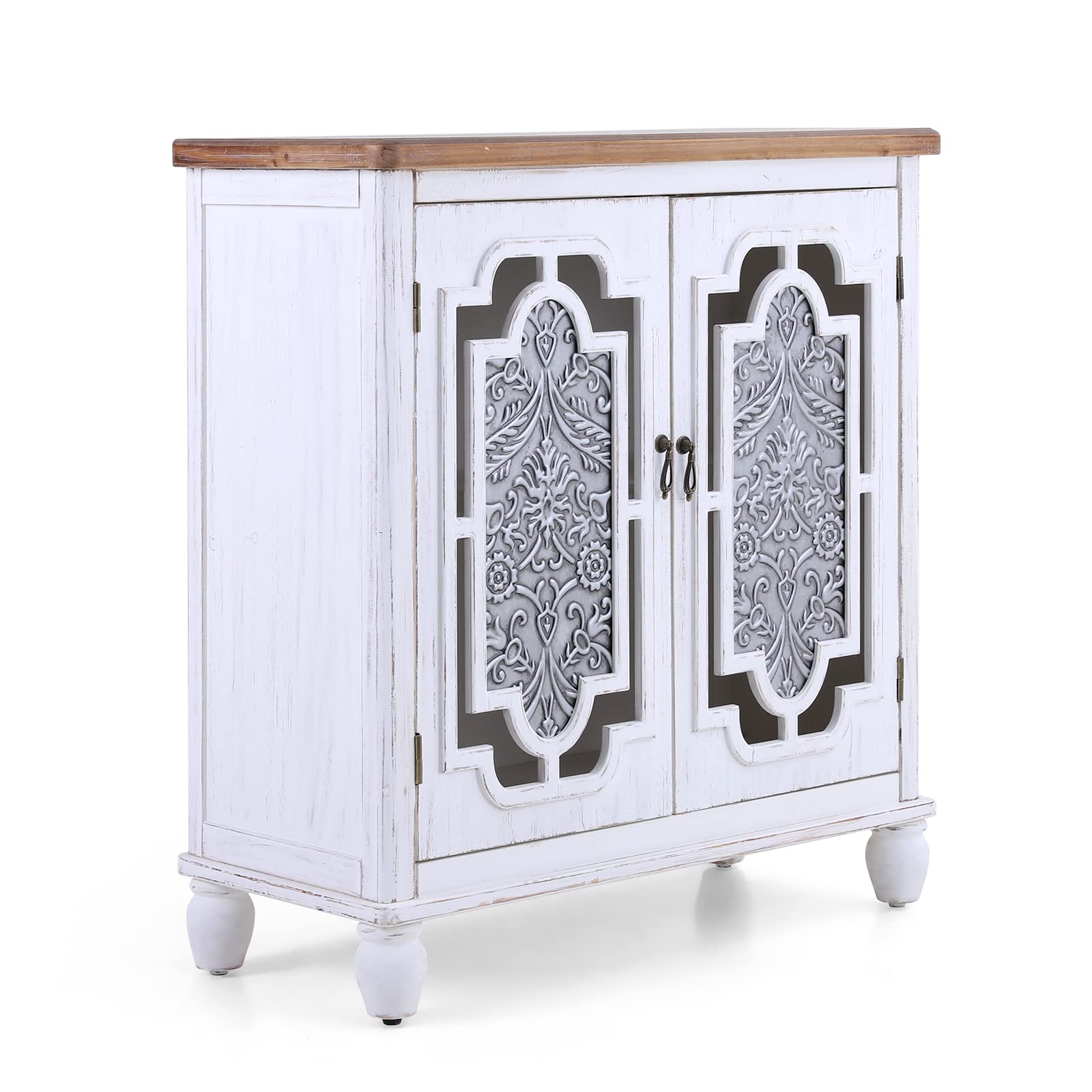 MAISON ARTS Farmhouse Accent Cabinet with 2 Doors - Solid Wood Storage Cabinet with Metal Embossing Pattern for Living Room, Entryway, Bedroom - Rustic Sideboard Buffet Cabinet for Home Decor & Organization