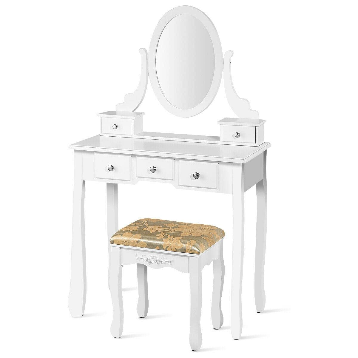 White Vanity Table Set with Stool & 5 Drawers - Portable Makeup Dressing Desk for Bedroom, Beauty Station with Mirror & Storage | Perfect for Small Spaces, Home Salon & Gift Ideas