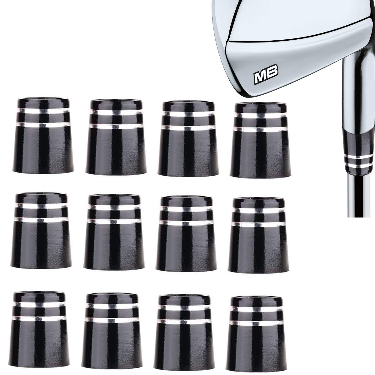 Premium .370 Golf Iron Ferrules 12 Pack - Black/Double Chrome Ring for Taper Tip Iron Wedge (ID:0.370