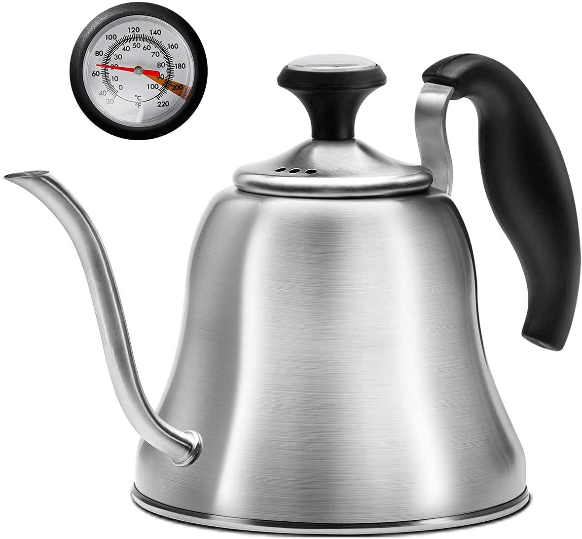 Premium Gooseneck Kettle Set - Mirror & Brushed Silver Stovetop Tea Kettles with Built-in Thermometer for Pour Over Coffee, Tea Brewing & Home Kitchen Use