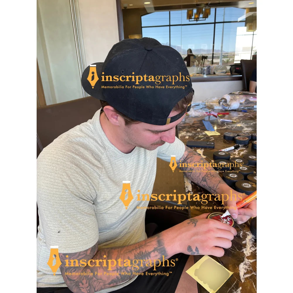 Logan Thompson Autographed Vegas Golden Knights Retro Hockey Puck - First Save Inscription - Collectible Memorabilia for NHL Fans & Sports Enthusiasts - Perfect for Display, Gifts, and Sports Collections