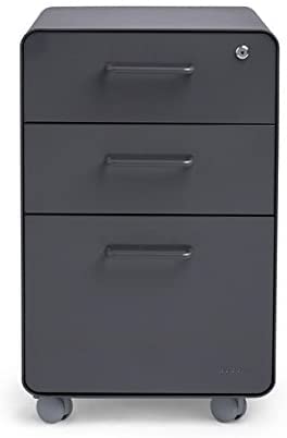Poppin Stow 3-Drawer Rolling File Cabinet - Charcoal Gray, 2 Utility & 1 Hanging File Drawer, Locking Wheels, Powder-Coated Steel Office Storage Cabinet - Perfect for Home Office, Classroom, and Small Business Organization