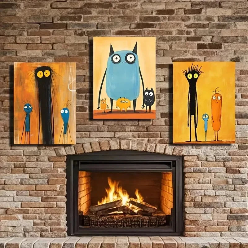 3-Piece Owls, Aliens & Friends Modern Wall Art Set - Framed Canvas 40x60cm (16x24in) - High Quality Australian Made Prints - Ready to Hang for Living Room, Bedroom or Office Decor