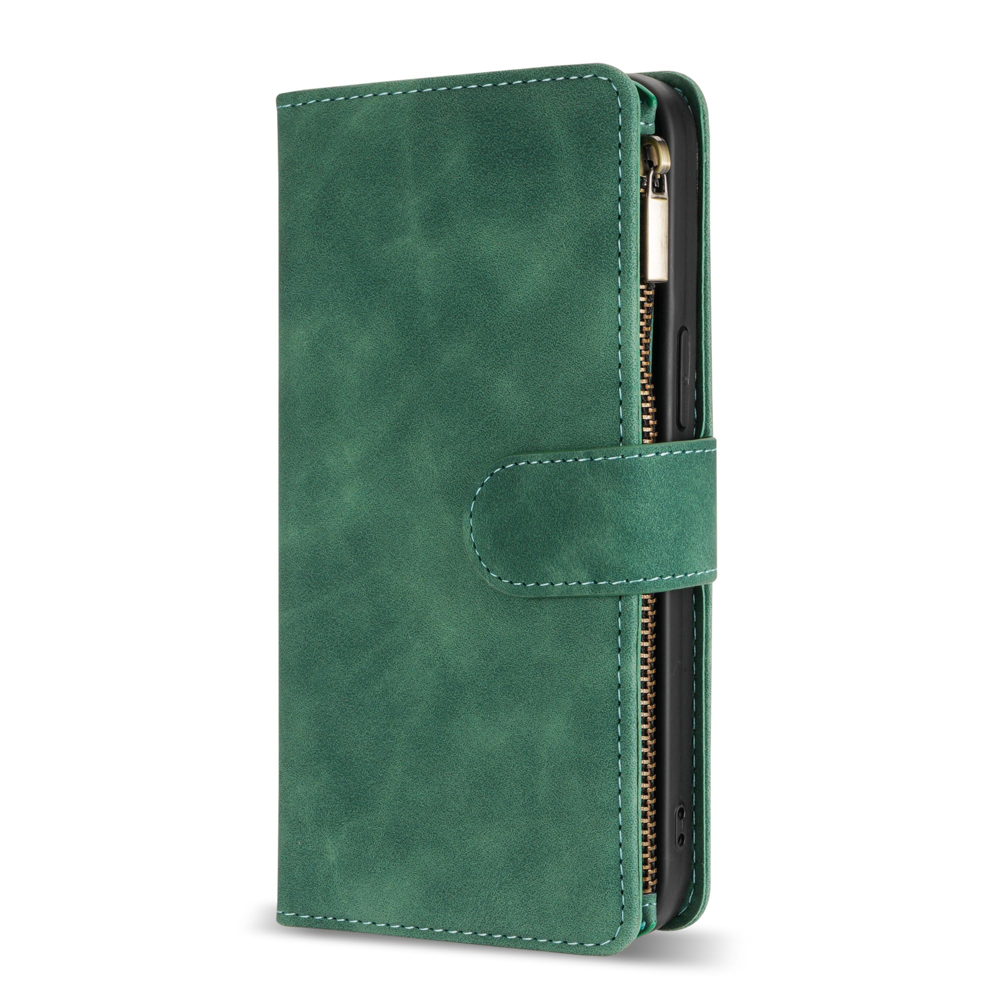 Premium Soft PU Leather Zipper Flip Wallet Case for Samsung Galaxy S22 Plus (6.6 Inch) - Card Slots, Wrist Strap & Kickstand | Protective Folio Cover for Everyday Use, Travel & Business (Green)