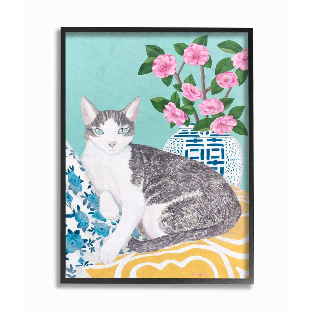 Stupell Industries Framed Cat Painting - Sally B Pastel Animal Art with Cushion & Vase, 11x14 Inch Black Frame | Perfect for Living Room, Bedroom Decor & Gift for Cat Lovers