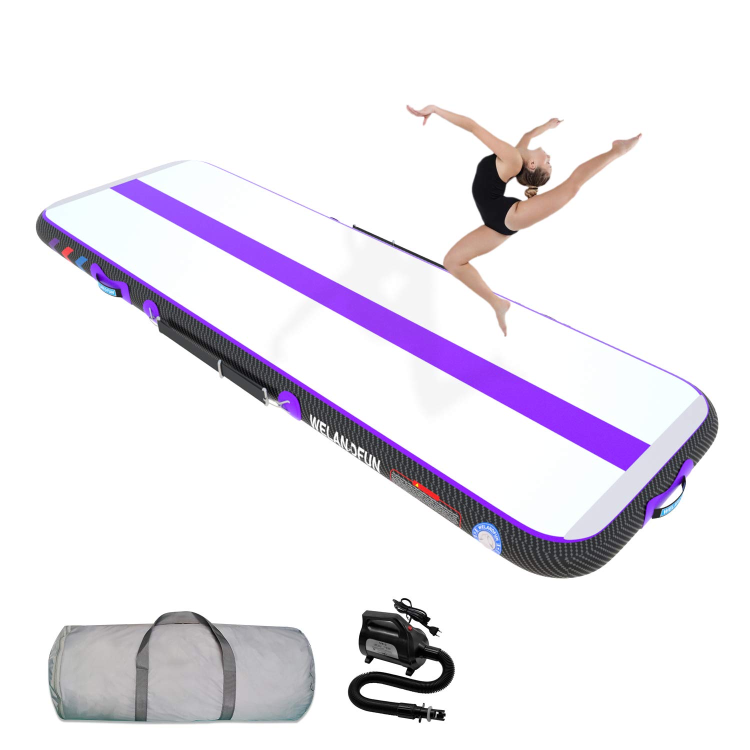 WelandFun 10ft/13ft/16ft/20ft Inflatable Air Mat Tumble Track - 4/6/8 Inch Thick Gymnastics Training Mat for Home, Gym, Yoga, Cheerleading - Portable for Outdoor, Beach & Park Use with Electric Air Pump - Perfect for Backyard Practice, Fitness Routines & Kids Playtime