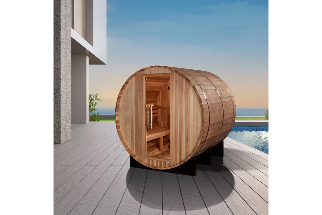 Golden Designs Arosa 4-Person Barrel Sauna - Traditional Wooden Home Spa for Relaxation & Detox - Perfect for Backyard, Basement or Home Gym Use