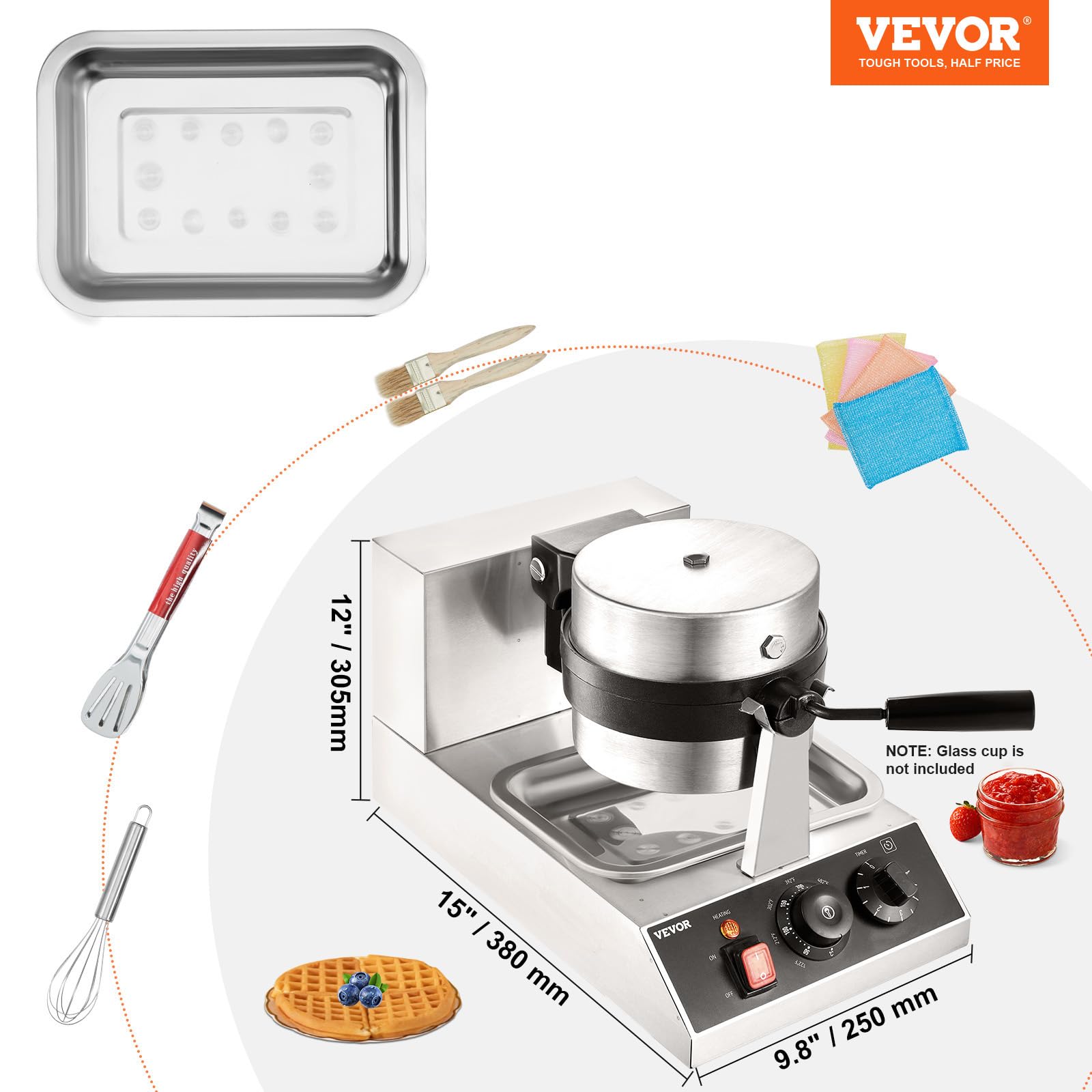 VEVOR Commercial Waffle Maker - 1300W Round Waffle Iron with Non-Stick Teflon Coating, 1 Piece per Batch, Adjustable Temperature 122-572°F (50-300°C), Stainless Steel Body, 120V - Perfect for Restaurants, Cafes, and Breakfast Catering