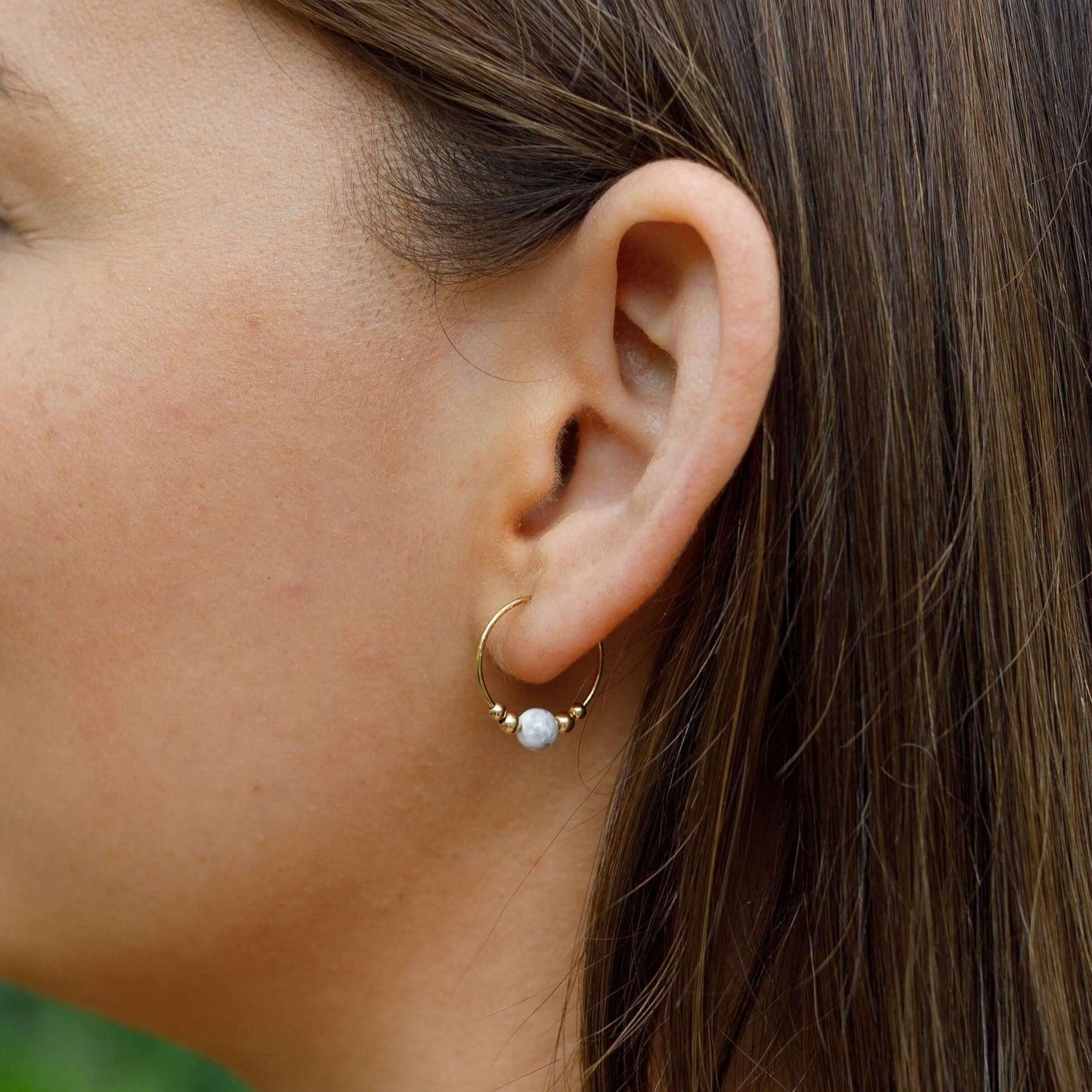 Stylish Tiny White Howlite Bead Hoop Earrings for Women - Minimalist Dainty Jewelry for Everyday Wear & Boho Fashion