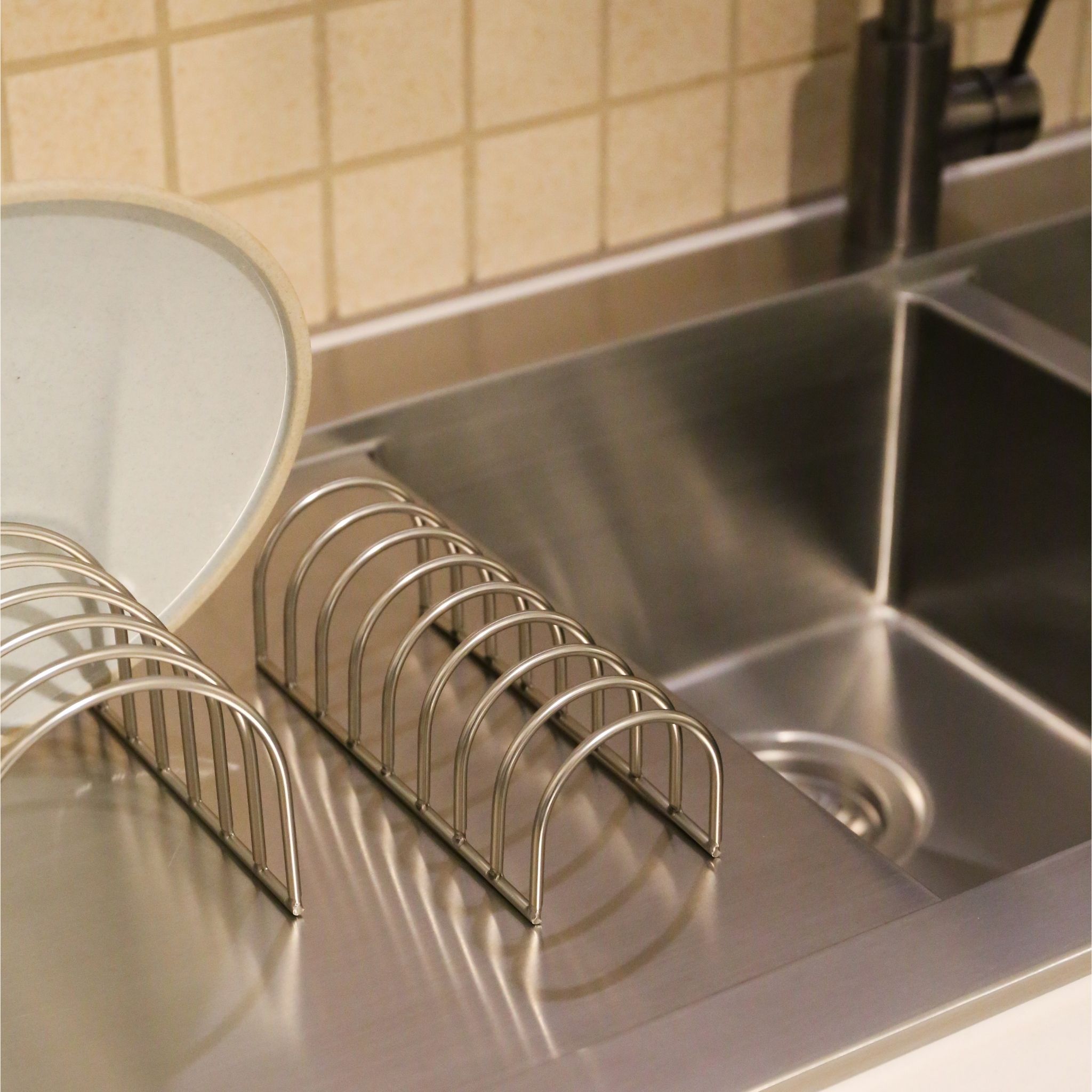 Premium Brushed Steel Dish Drainer Set of 2 - Space Saving Kitchen Organizer for Countertop Drying Rack | Ideal for Small Kitchens, Apartments & RVs