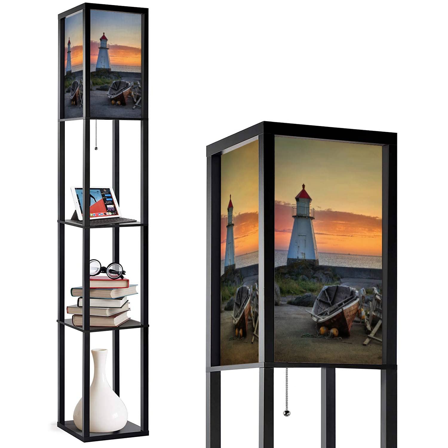 Corner Floor Lamp with Shelves - 3 Color Temperature LED, Linen Lampshade, Tall Standing Lamp for Living Room & Bedroom | Perfect Reading Light & Decorative Accent for Home Office