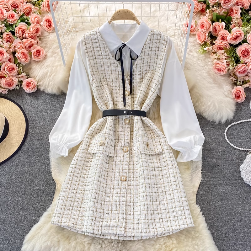 Elegant Autumn V-Neck Long Sleeve Vest & Shirt Two-Piece Set 1378 | Women's Fashion Outfit for Work, Dating & Fall Season