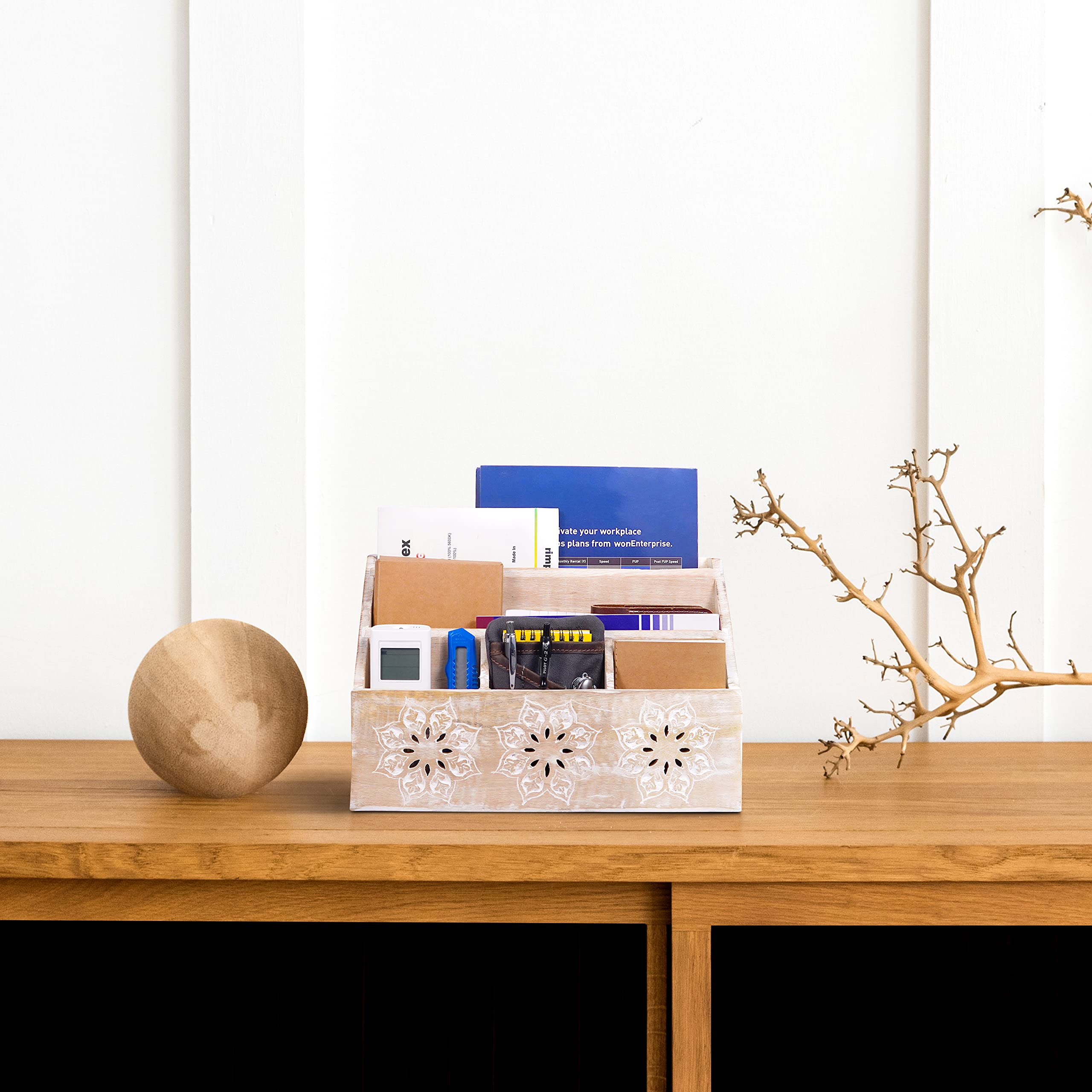 Mango Wood Mail Holder - 5 Compartment Desk Organizer for Home & Office - Rustic Farmhouse Decor