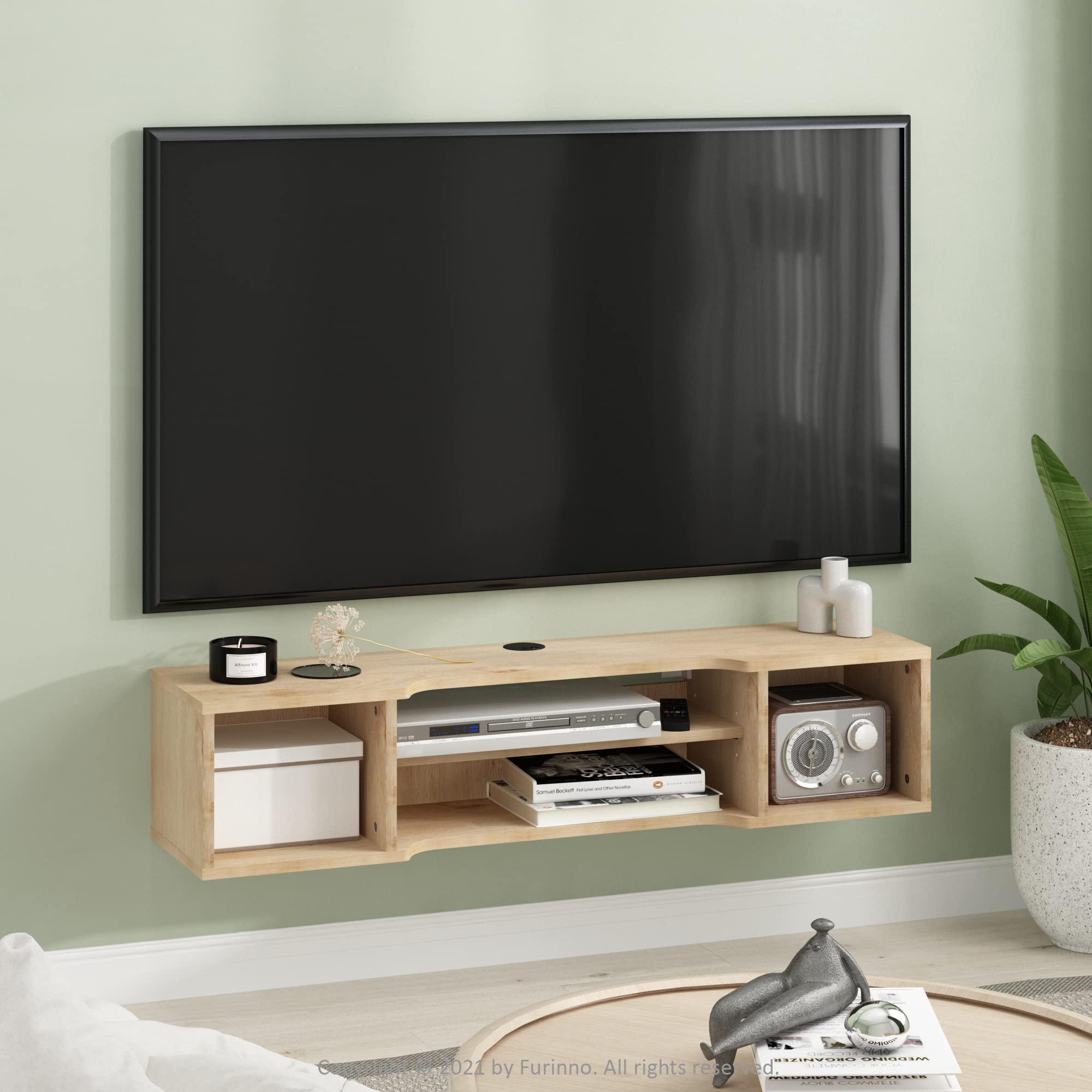 Furinno Indo Floating Storage Hutch Media Console - Marcy Oak Finish - Wall Mounted TV Stand with Shelves for Living Room, Bedroom & Home Office