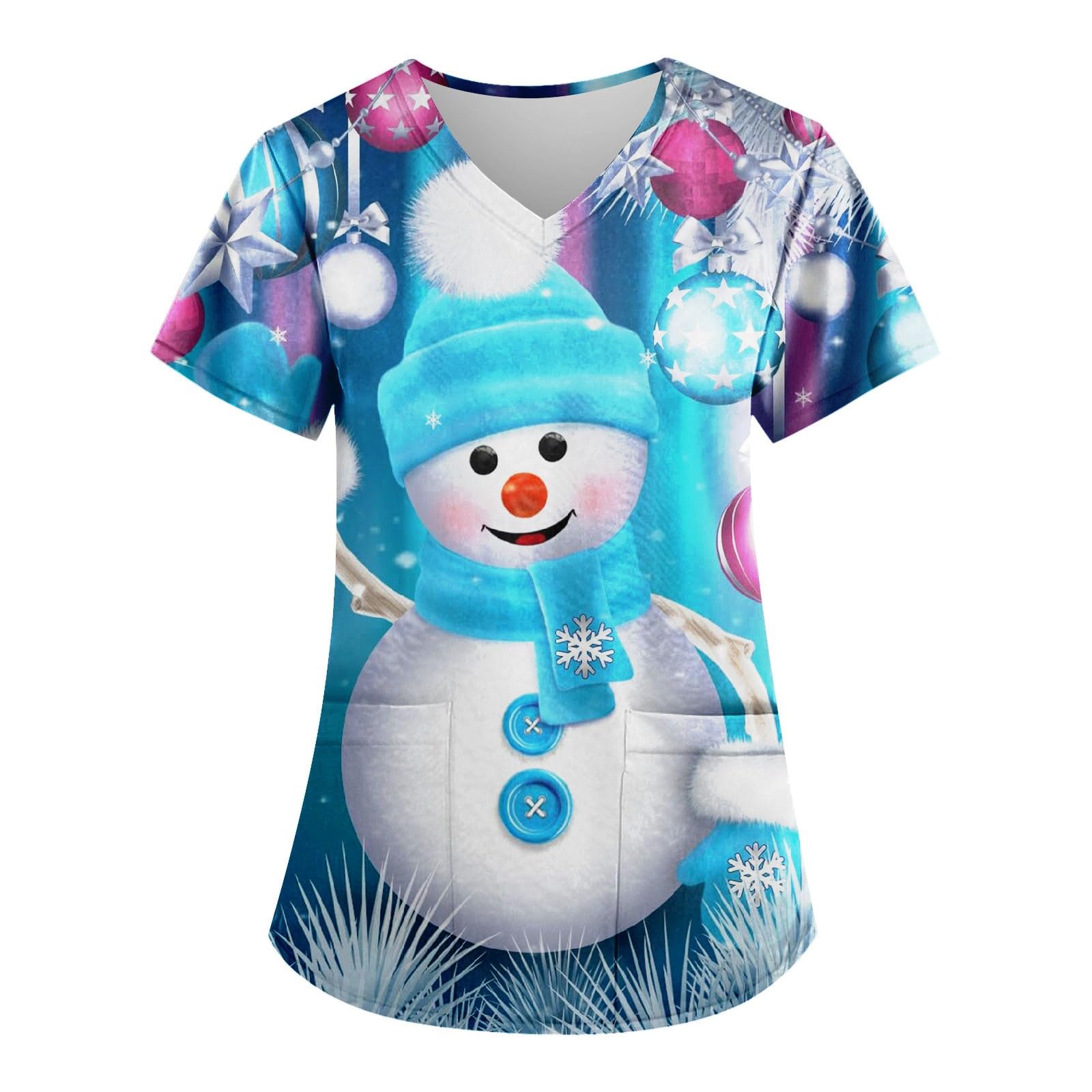 Women's Christmas Scrubs Tops - Cartoon Santa Graphic Print, Stretch Soft Fabric, Comfortable Workwear with Pockets | Perfect for Nurses, Doctors & Healthcare Professionals During Holiday Season