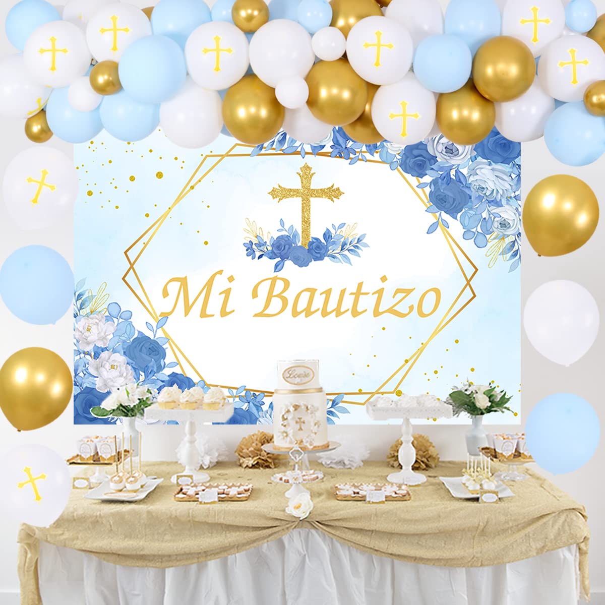 Blue Mi Bautizo Baptism Party Decorations Set with Backdrop - First Communion & Christening Decor for Boys - Perfect for Church Celebrations, Baby Showers & Religious Events