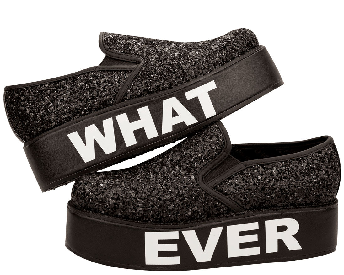 T.U.K Black Glitter WHATEVER Slip On Creepers - Punk Rock Platform Shoes for Women & Men | Perfect for Concerts, Gothic Fashion & Alternative Style Outfits