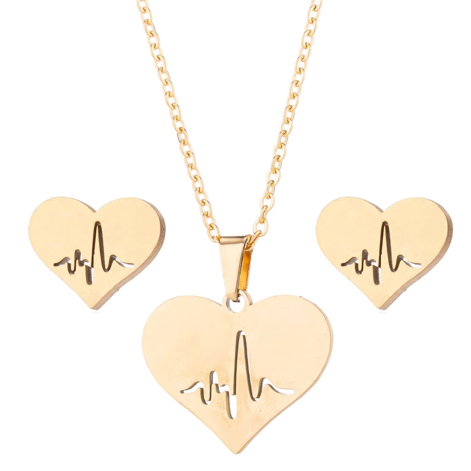 YUNXI Sterling Silver Plated Heartbeat Heart Chain Necklace & Earrings Set for Women - Romantic Gift for Valentine's Day, Anniversary & Date Night