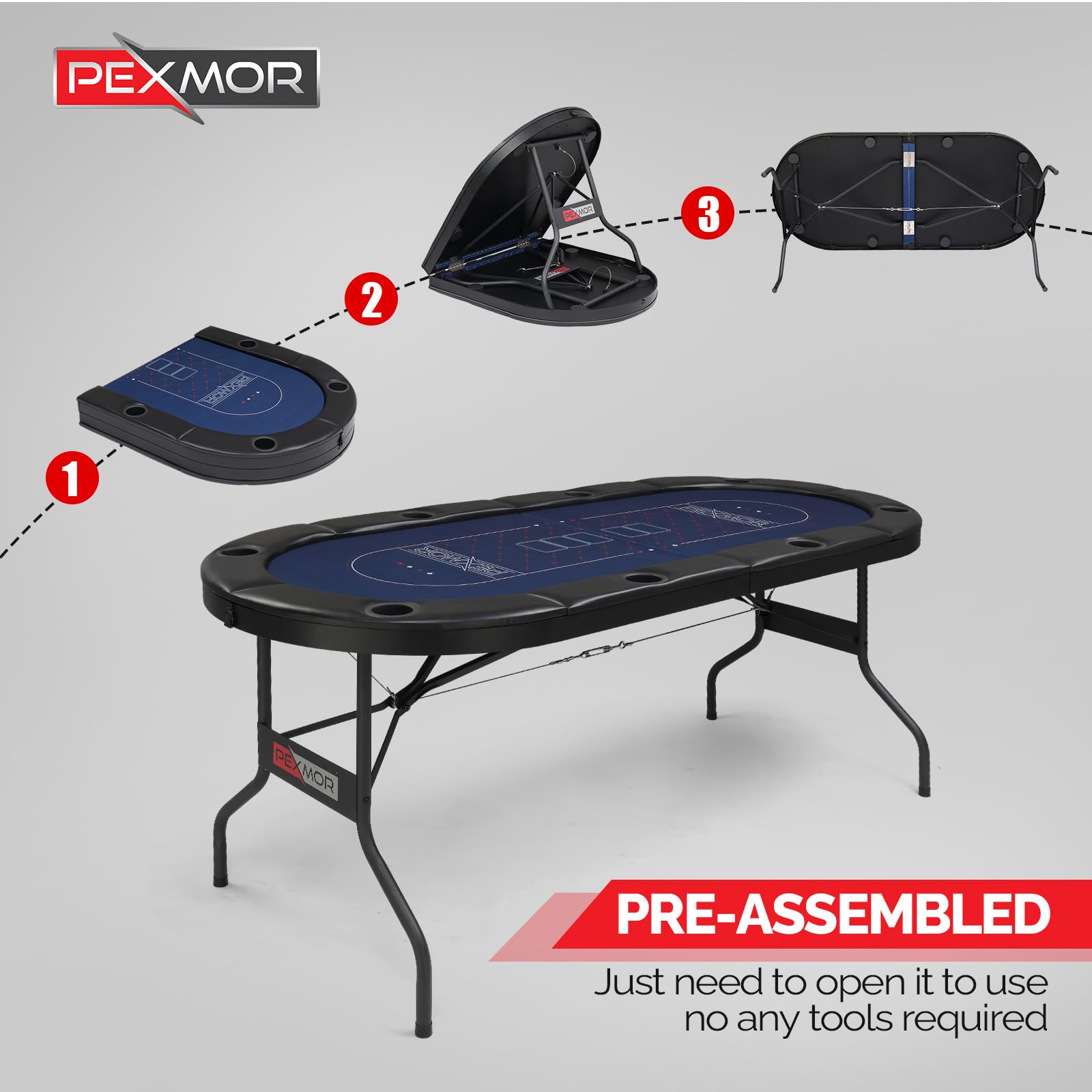PEXMOR 8-Player Foldable Poker Table with Stainless Steel Cup Holders - Casino-Grade Felt & Water-Resistant Cushioned Rail - Texas Holdem Blackjack Game Table for Home & Casino Nights | Perfect for Poker Parties, Game Rooms & Casino-Themed Events