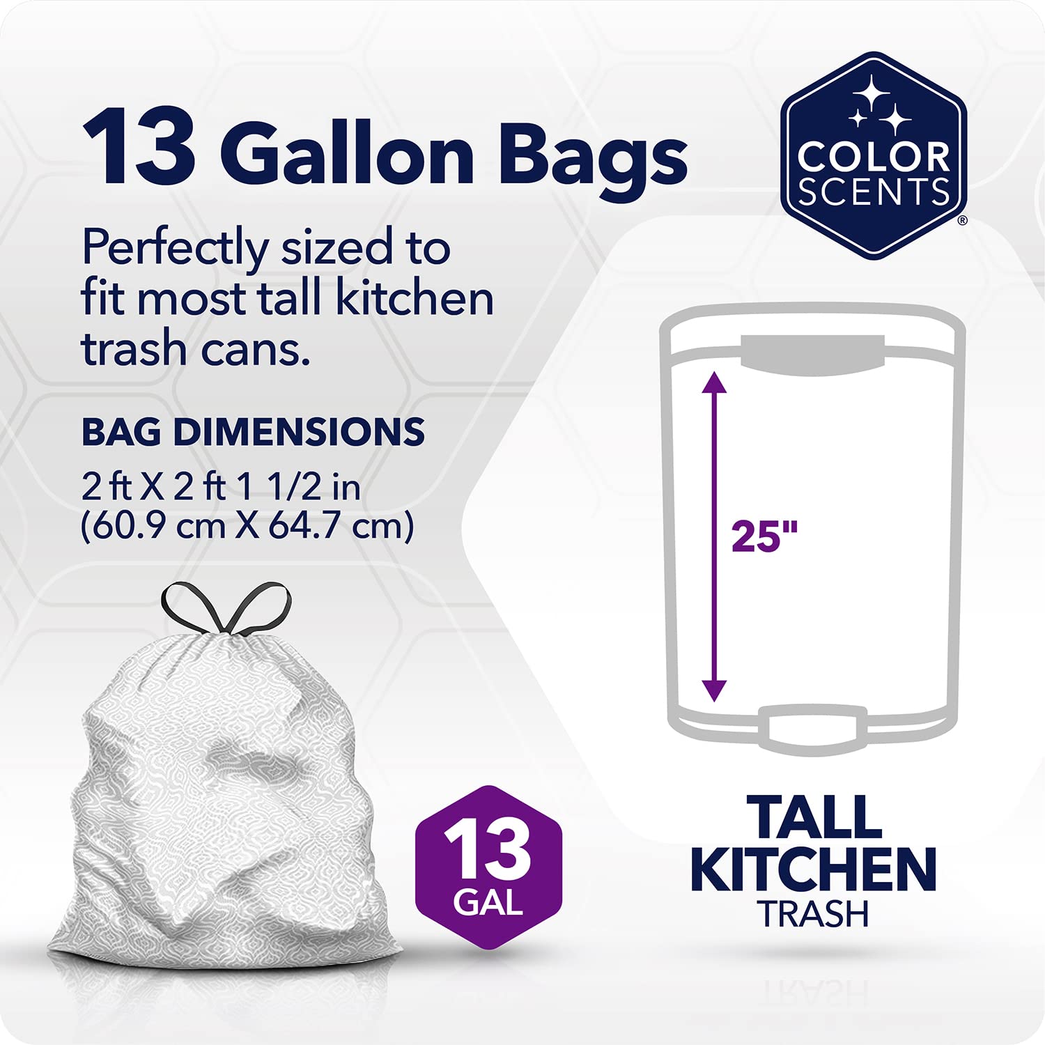 Color Scents Tall Kitchen Trash Bags - 13 Gallon, 100 Count Drawstring Trash Bags with Lavender & Sage Scent & Microban Protection - Fresh Scented Garbage Bags for Home, Office & Kitchen Use
