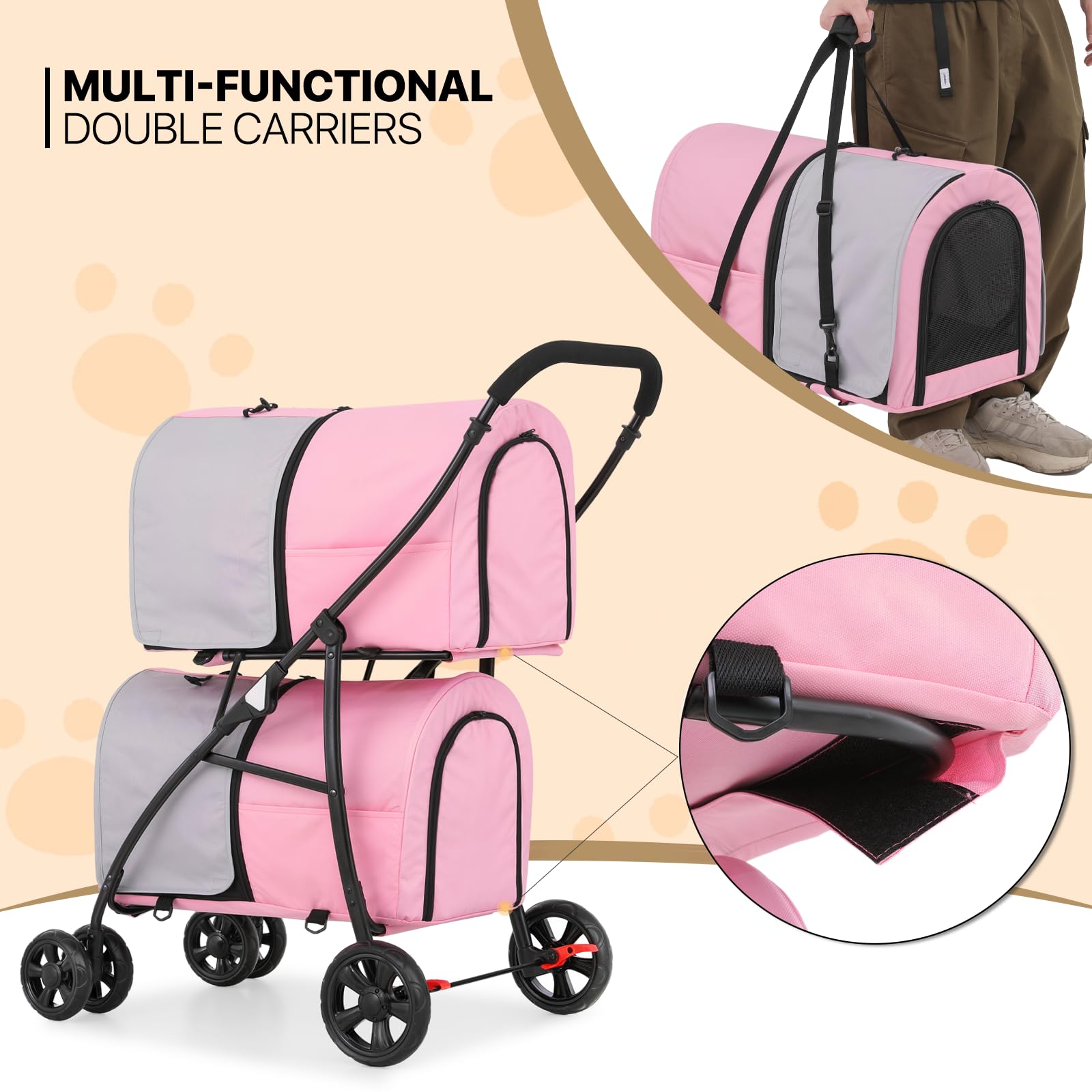 MoNiBloom Double Dog Stroller with Removable Carrier Bags - Large 4-Wheel Foldable Pet Jogger for Small & Medium Dogs & Cats (Pink/Gray) - Perfect for Park Walks, Vet Visits & Outdoor Adventures