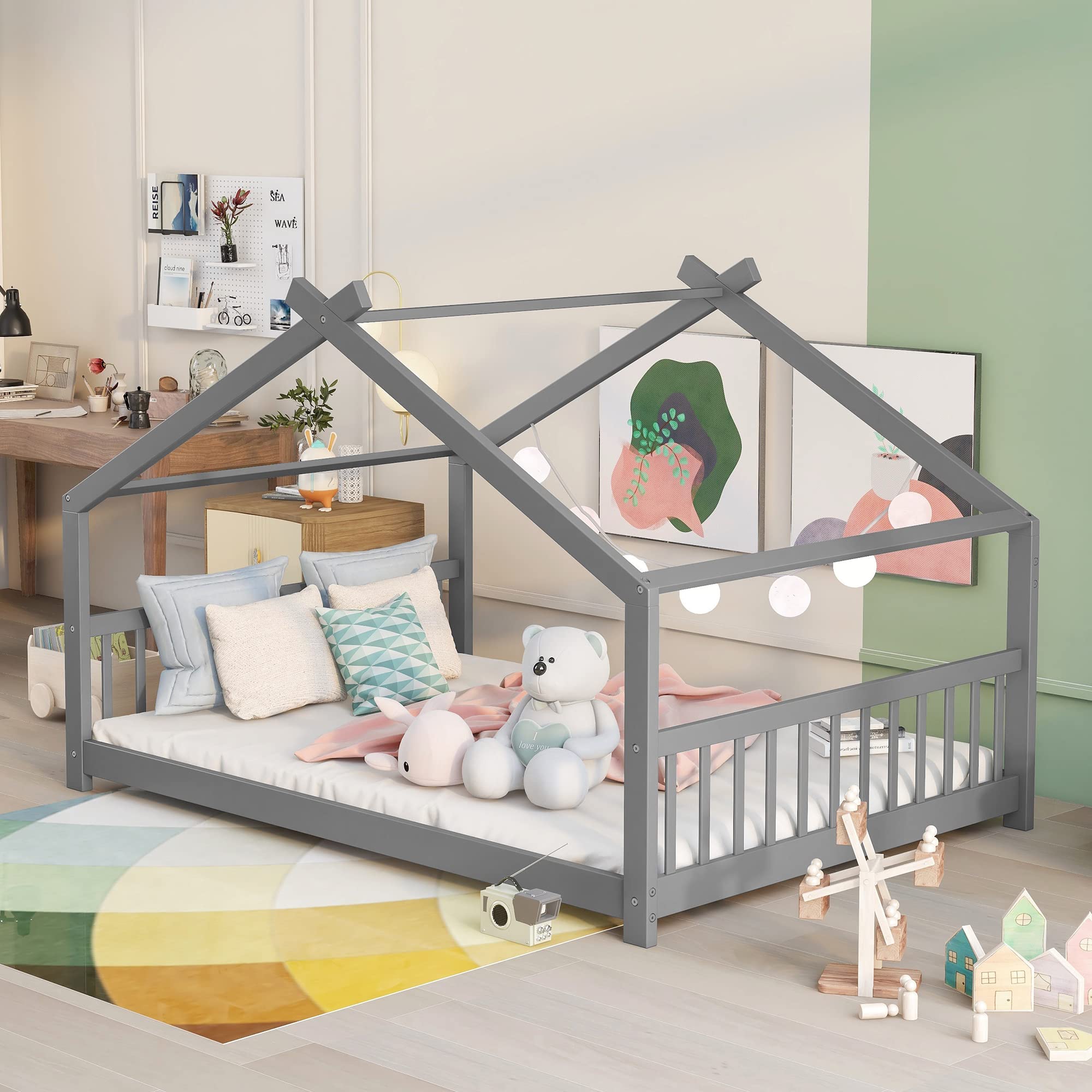 Harper & Bright Designs Full Size House Bed for Kids - Sturdy Wooden Bed Frame with Headboard & Footboard, No Box Spring Needed - Perfect for Boys & Girls Bedroom Furniture (Grey) - Ideal for Playtime, Sleepovers & Cozy Nights