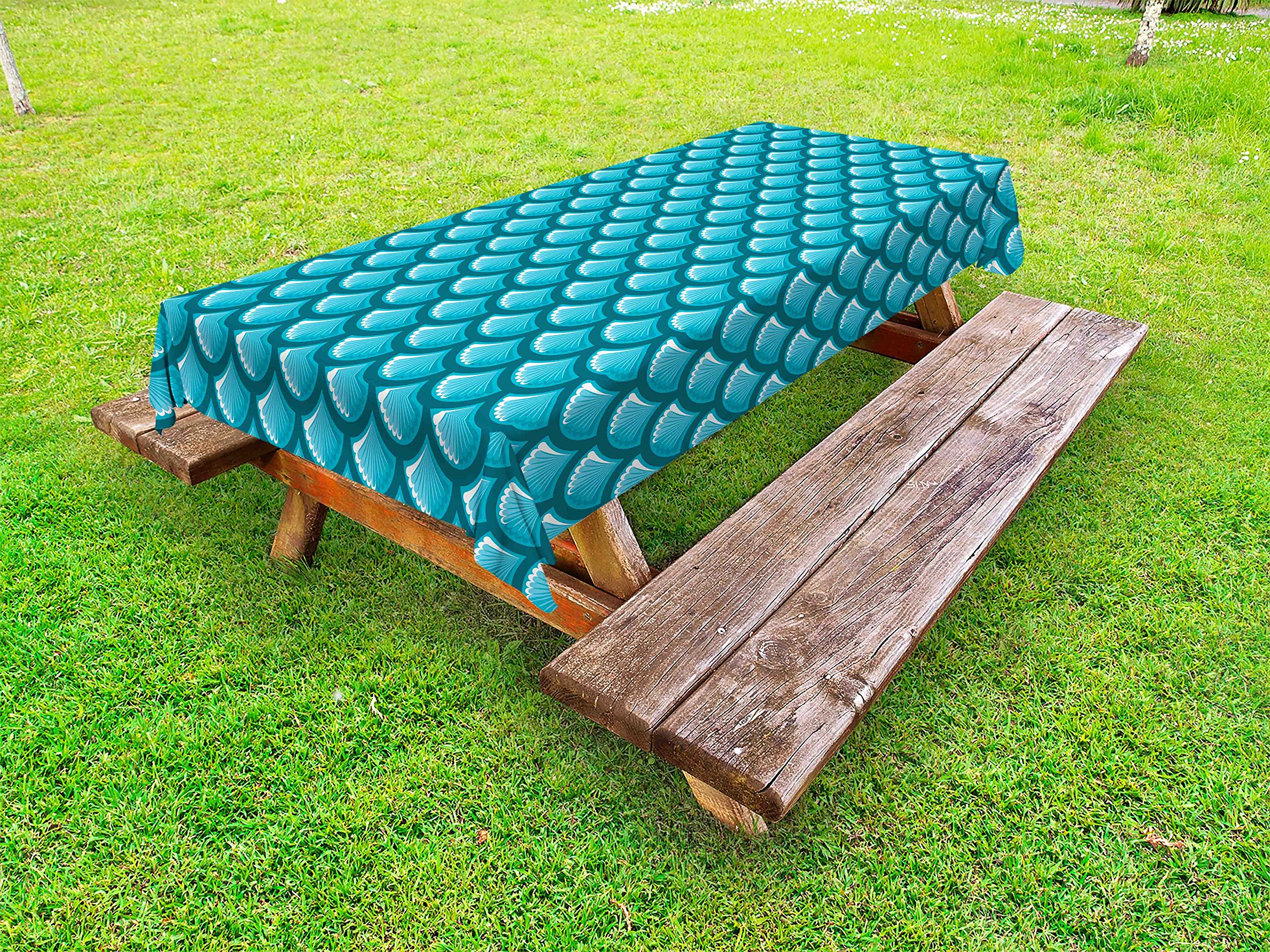 Blue Outdoor Tablecloth with River Fish Scales & Mermaid Shells Pattern - Washable Picnic Table Cover 58x120 Inches - Nautical Ocean Life Decor for Beach Parties, Backyard BBQs & Outdoor Dining