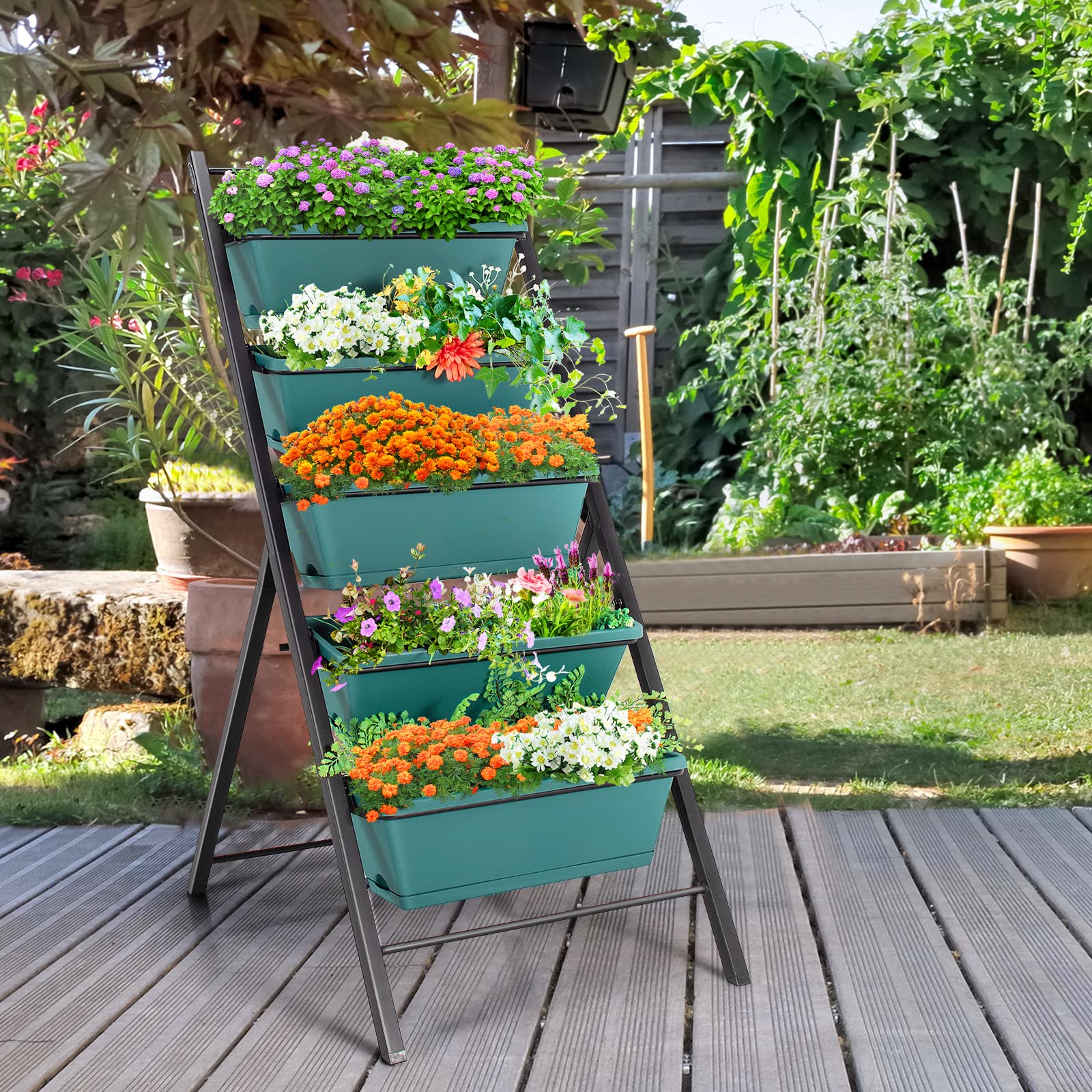 Safstar 5-Tier Vertical Raised Garden Bed - Freestanding Planter with 5 Container Boxes for Vegetables, Fruits, Flowers & Herbs - Indoor & Outdoor Use - Perfect for Small Spaces, Balconies & Patios (Green, 1)