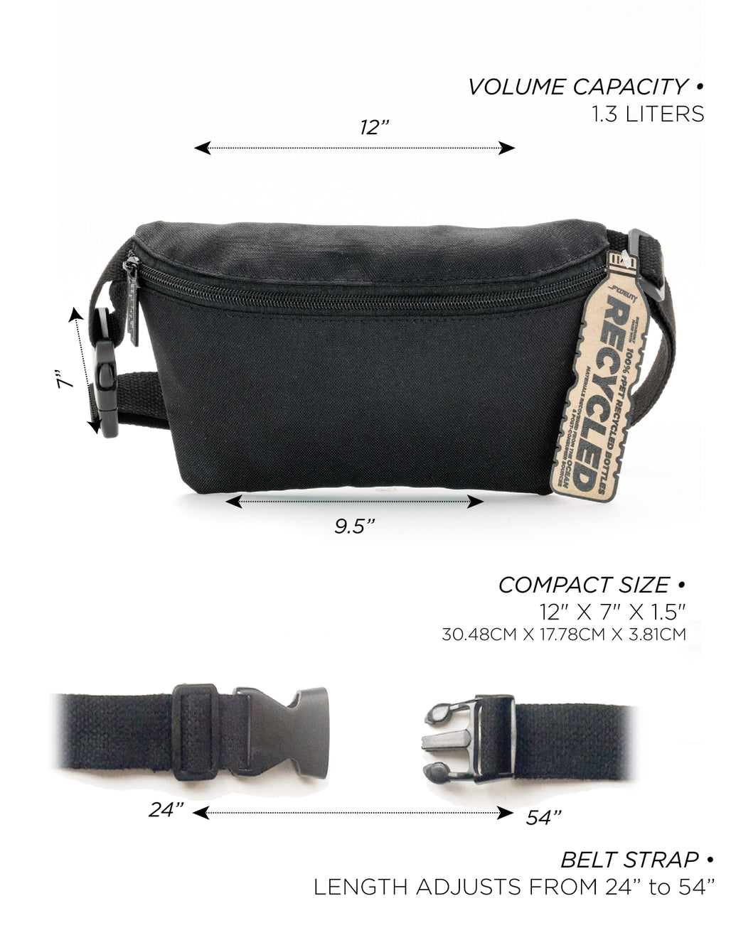 Ultra Slim Recycled Black Fanny Pack for Men & Women - Lightweight Waist Bag for Hiking, Travel, Gym & Everyday Use