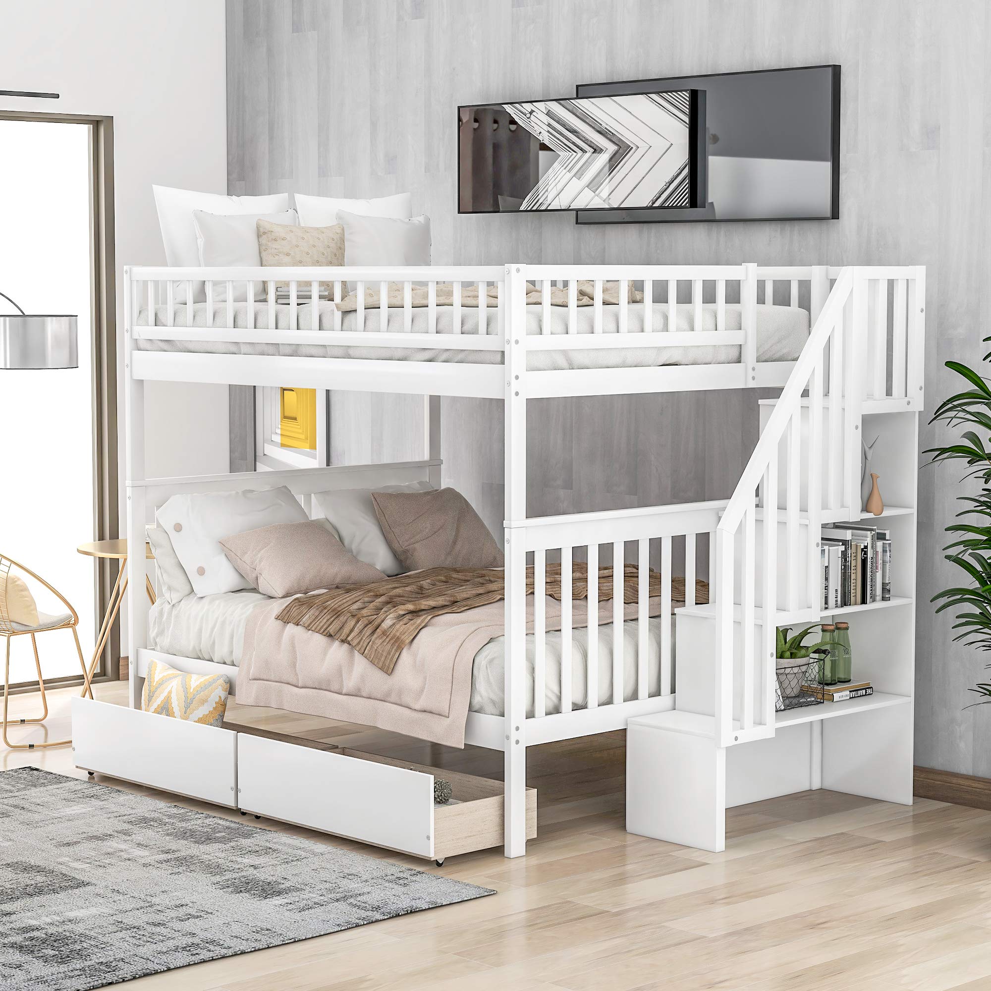 Solid Wood Full Over Full Bunk Bed with Stairway & Storage Drawers - White Twin Bunk Bed Frame with Guard Rail for Kids Bedroom, Dorm or Guest Room - Space Saving Solution for Small Rooms & Shared Spaces