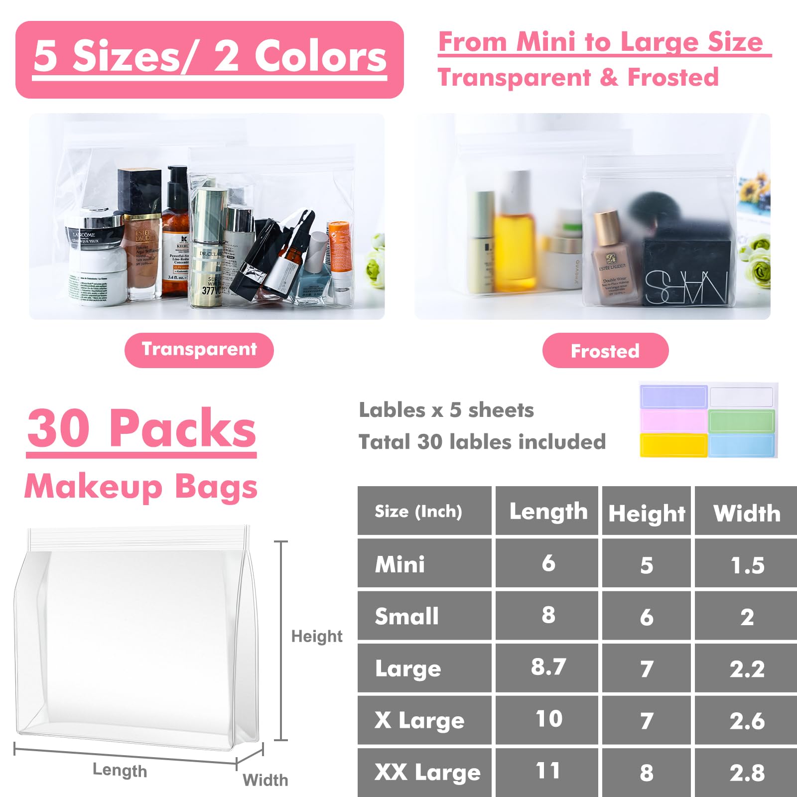 30 Pack Mini Clear Makeup Bags - Waterproof EVA Cosmetic Organizer Pouches with Zipper (8