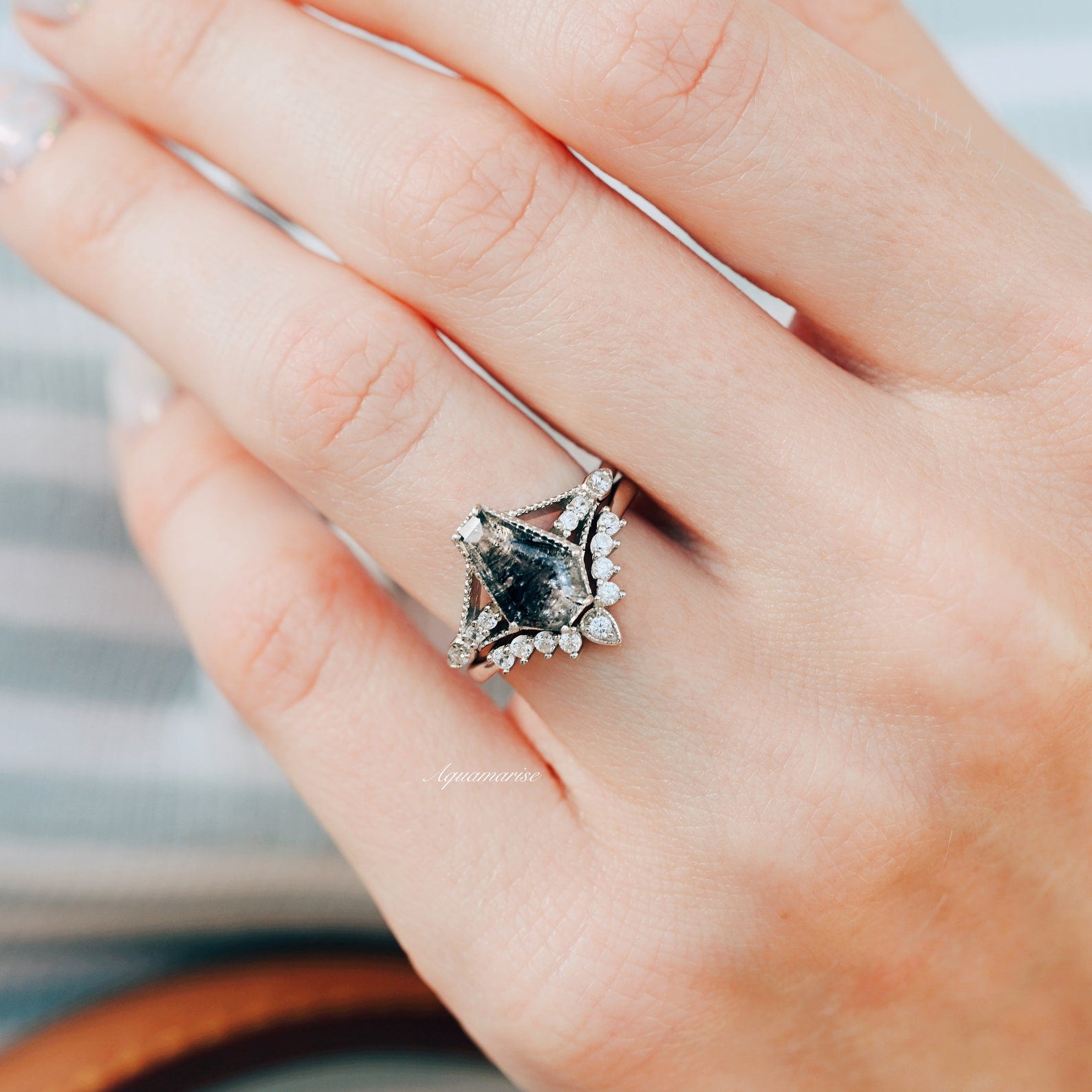 Natural Salt and Pepper Diamond Ring (Herkimer Diamond) in Sterling Silver - Elegant Wedding Band, Unique Engagement Ring for Women, Perfect Gift for Anniversary & Special Occasions